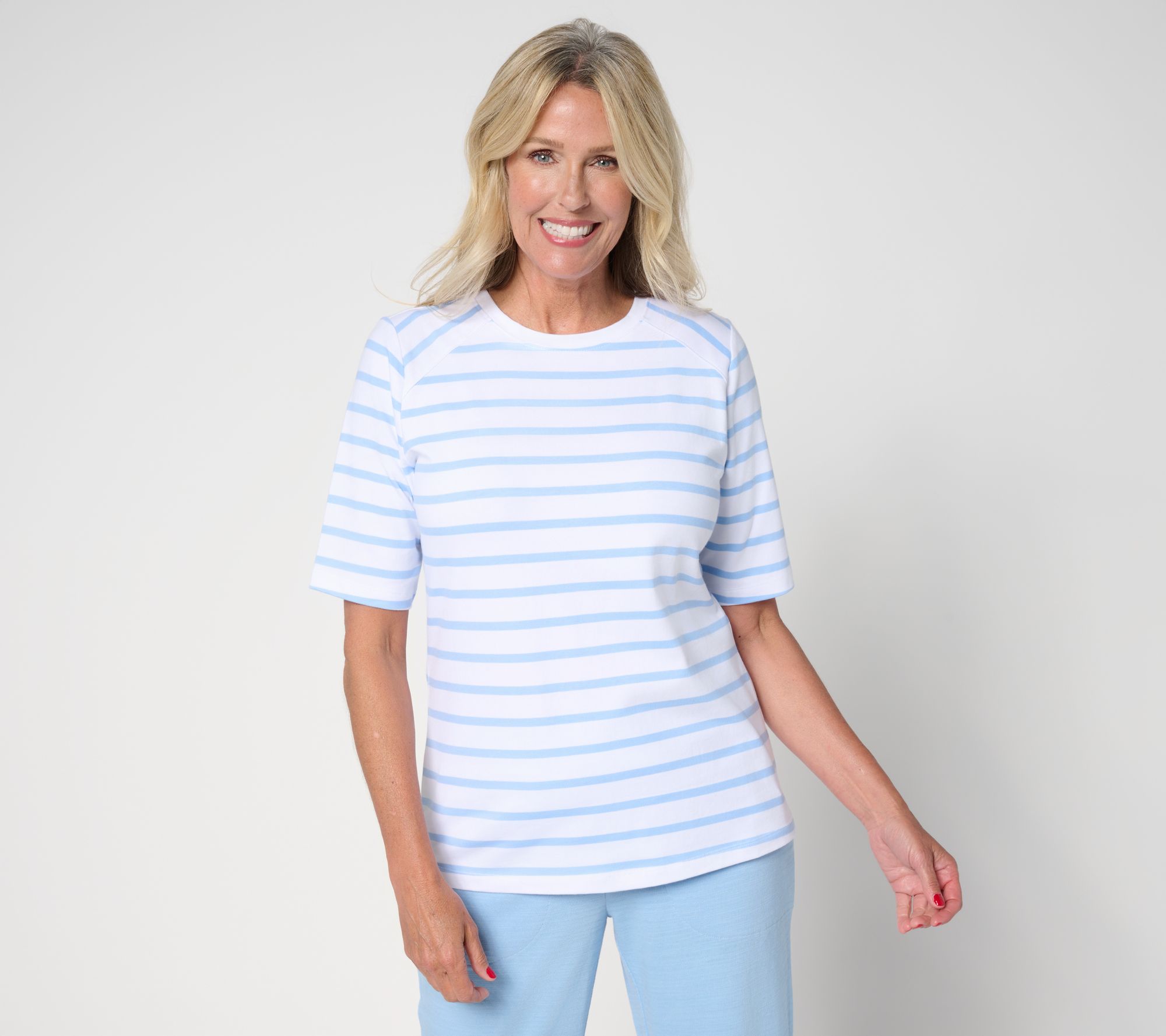 Denim & Co. Perfect Jersey Elbow Sleeve Crew Neck Striped
