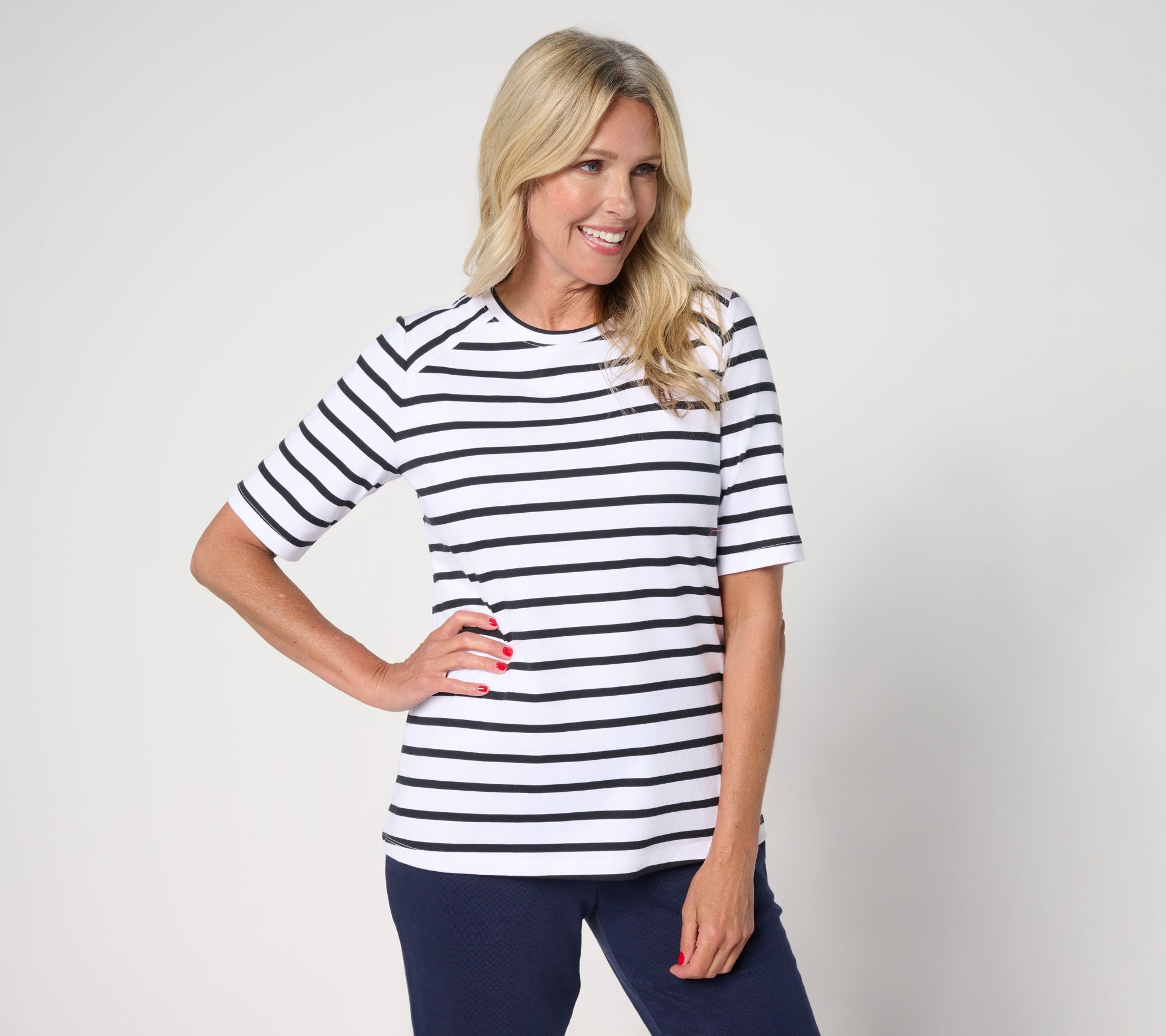 Denim & Co. Perfect Jersey Elbow Sleeve Crew Neck Striped Top
