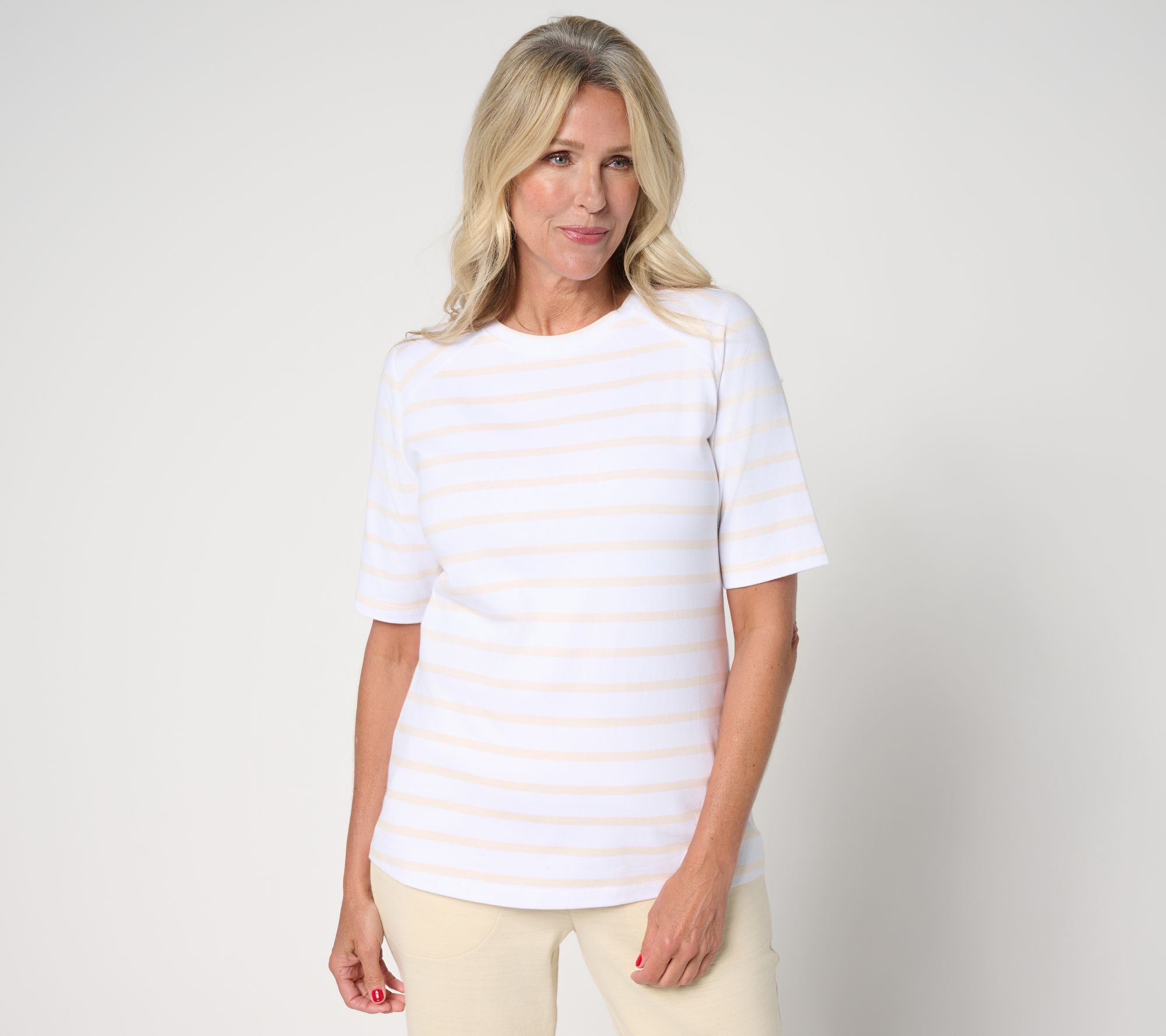 Denim & Co. Perfect Jersey Elbow Sleeve Crew Neck Striped Top