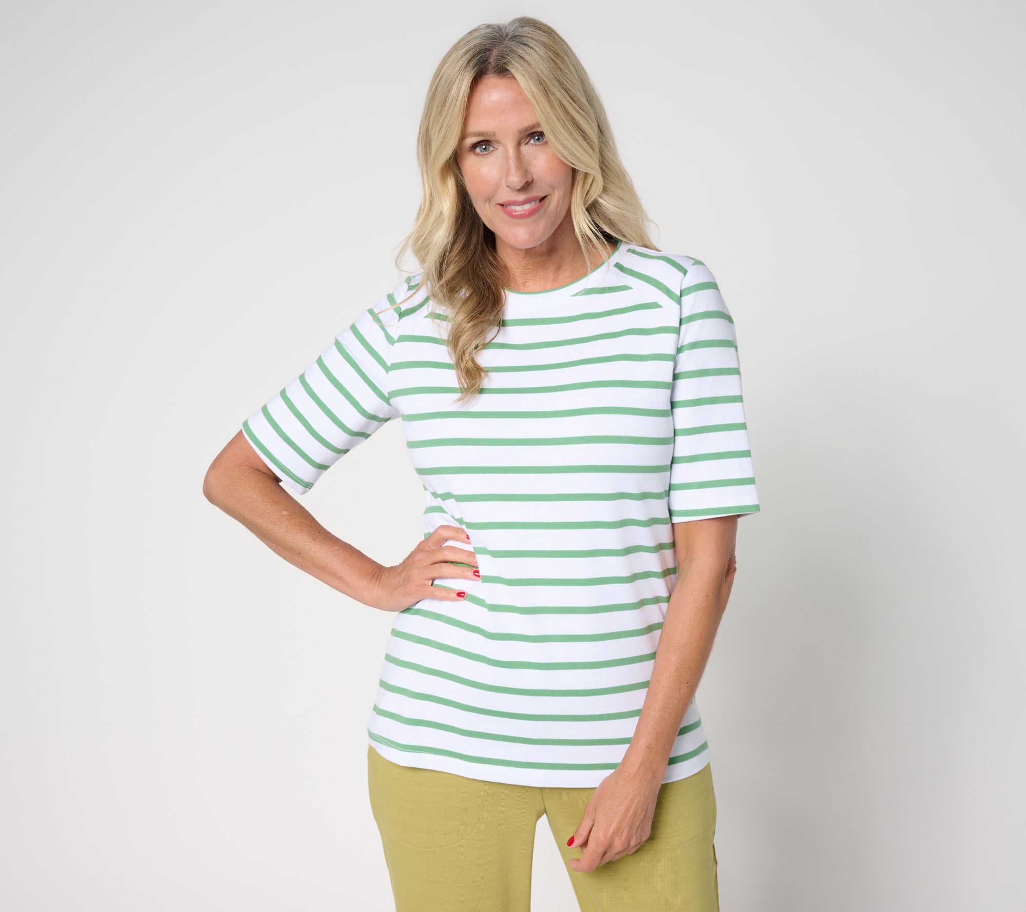 Denim & Co. Perfect Jersey Elbow Sleeve Crew Neck Striped Top