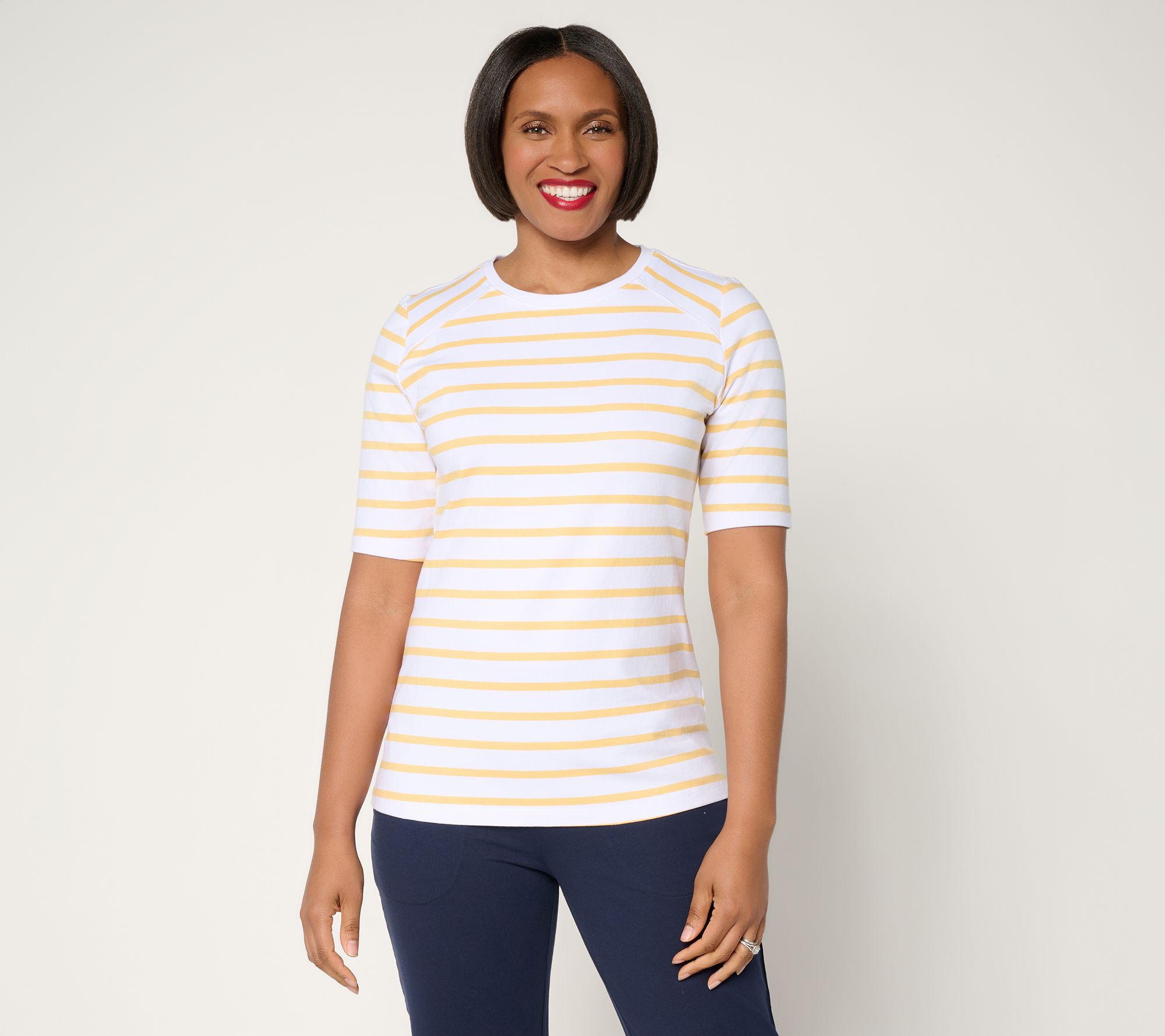 Denim & Co. Perfect Jersey Elbow Sleeve Crew Neck Striped Top