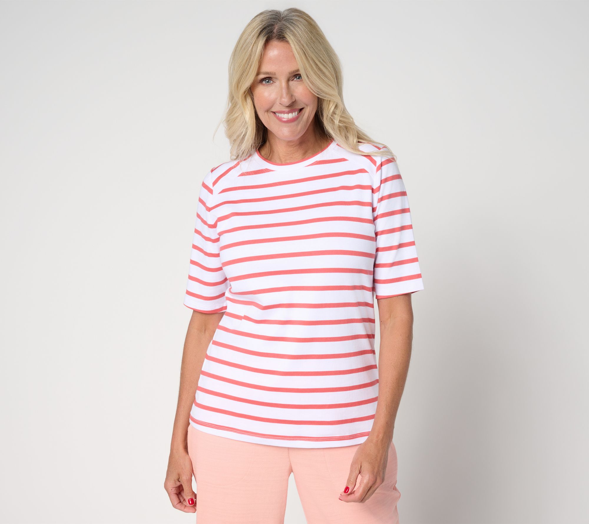 Denim & Co. Perfect Jersey Elbow Sleeve Crew Neck Striped Top
