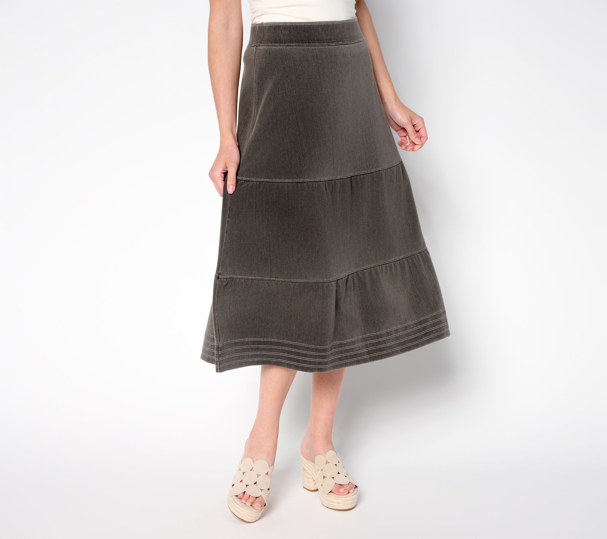 Susan Graver Cool Touch Denim Petite Pull-On Tiered Midi Skirt