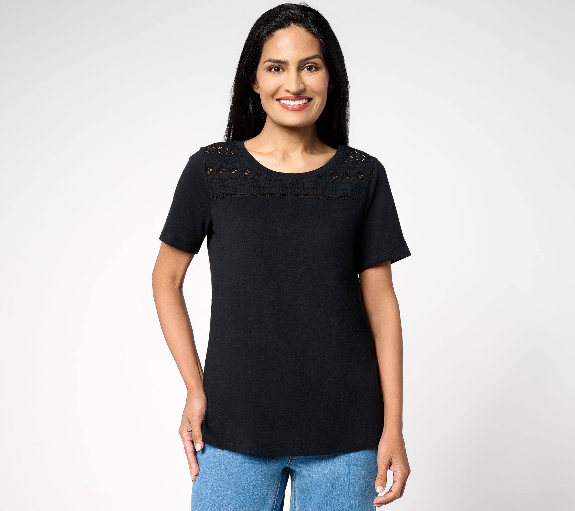 Susan Graver Weekend Textured Cotton Top w/ Eyelet Embroidery Trim