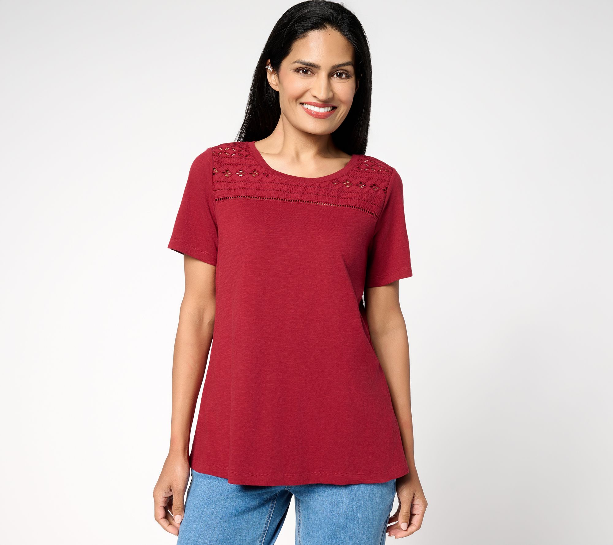 Susan Graver Weekend Textured Cotton Top w/ Eyelet Embroidery Trim