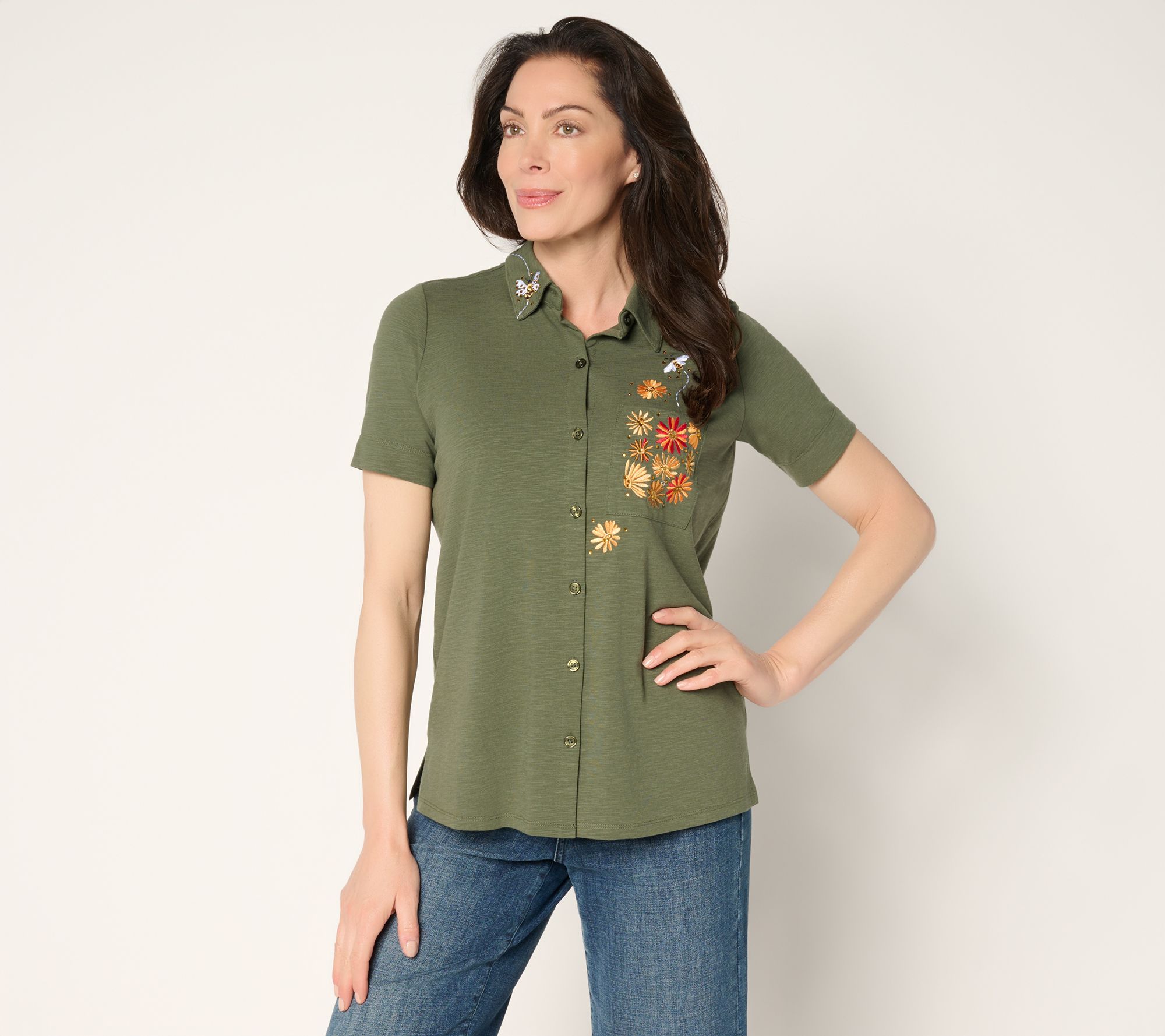 Quacker Factory All a Buzz Knit Short Sleeve Button Front Shirt