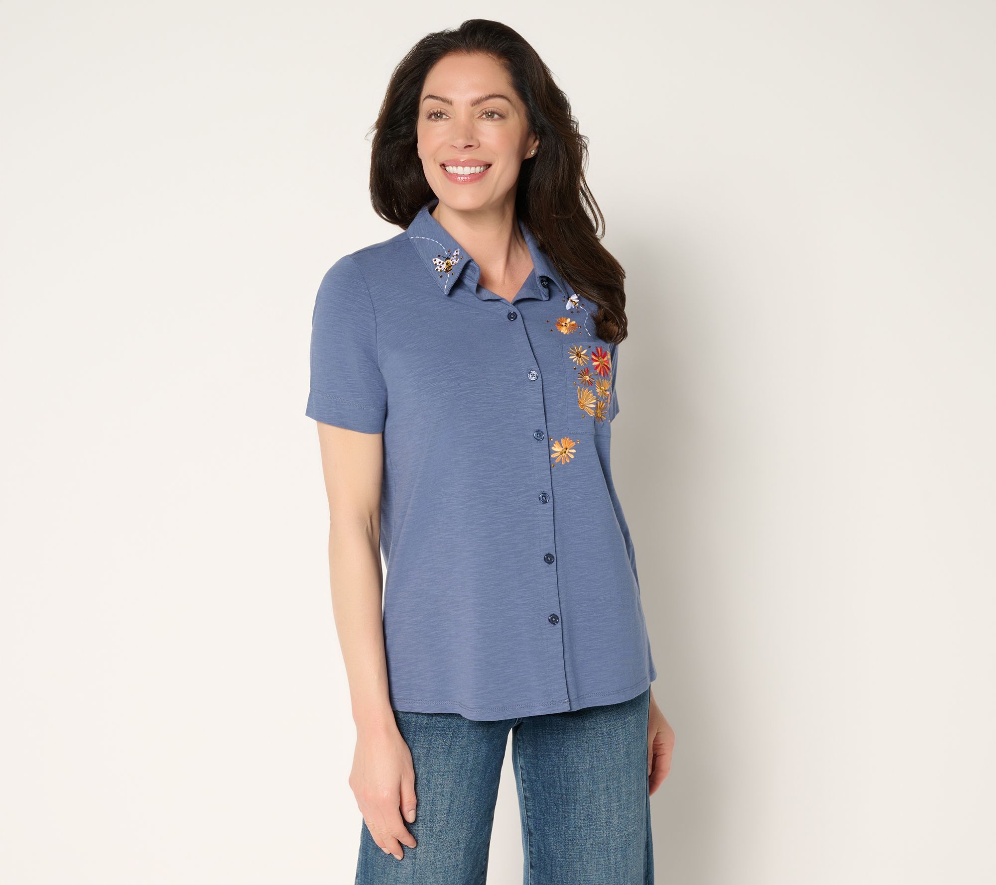 Quacker Factory All a Buzz Knit Short Sleeve Button Front Shirt