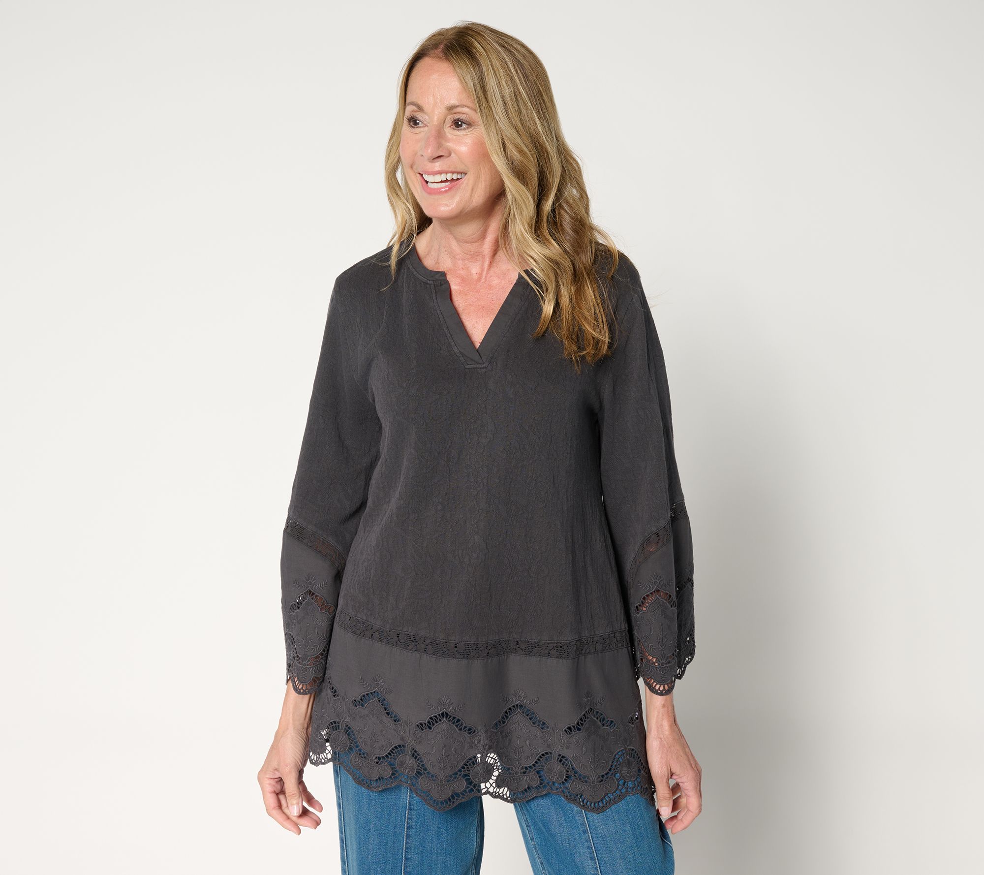 LOGO Lavish by Lori Goldstein 100% Cotton Embroidered Lace Top