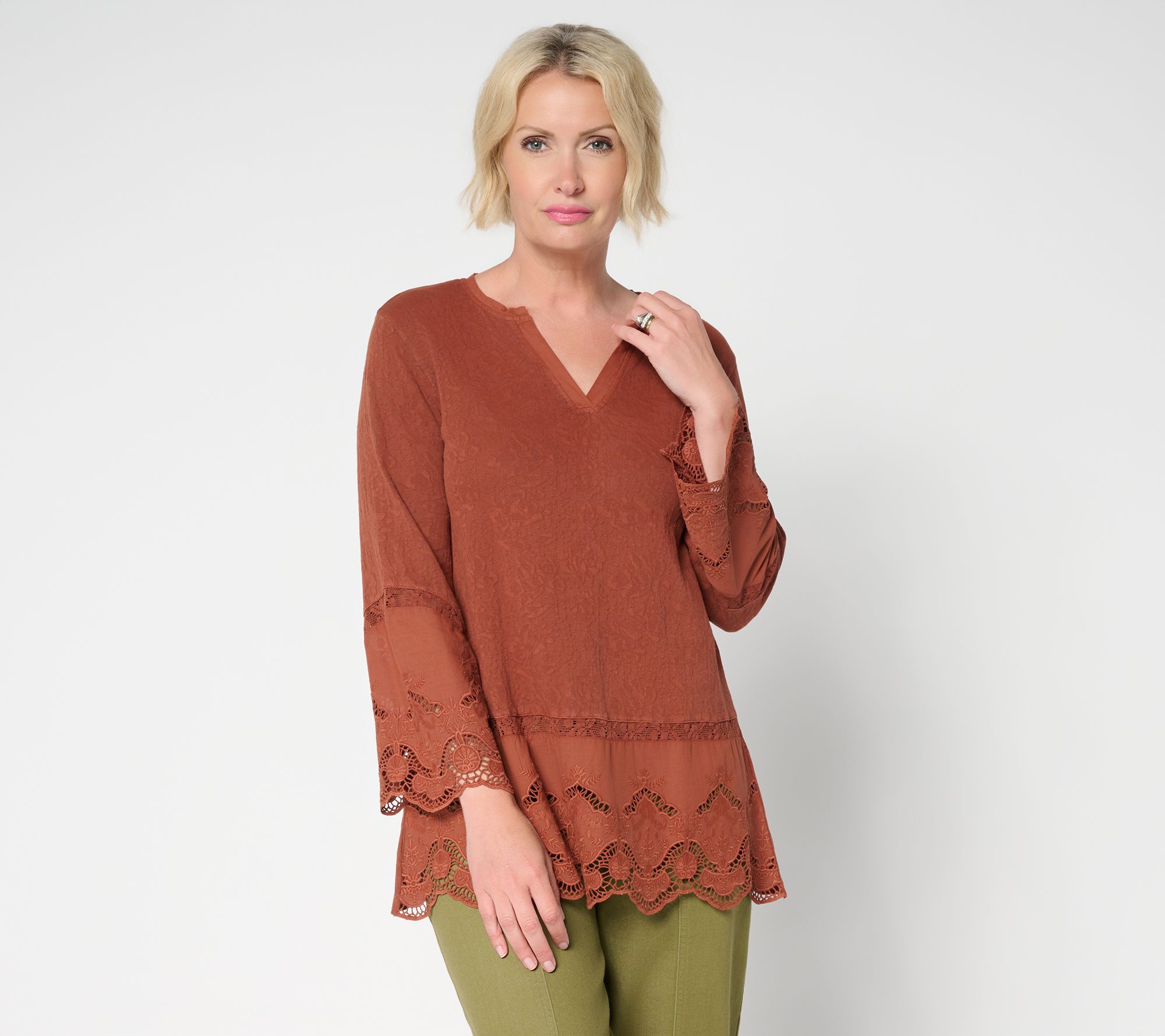 LOGO Lavish by Lori Goldstein 100% Cotton Embroidered Lace Top