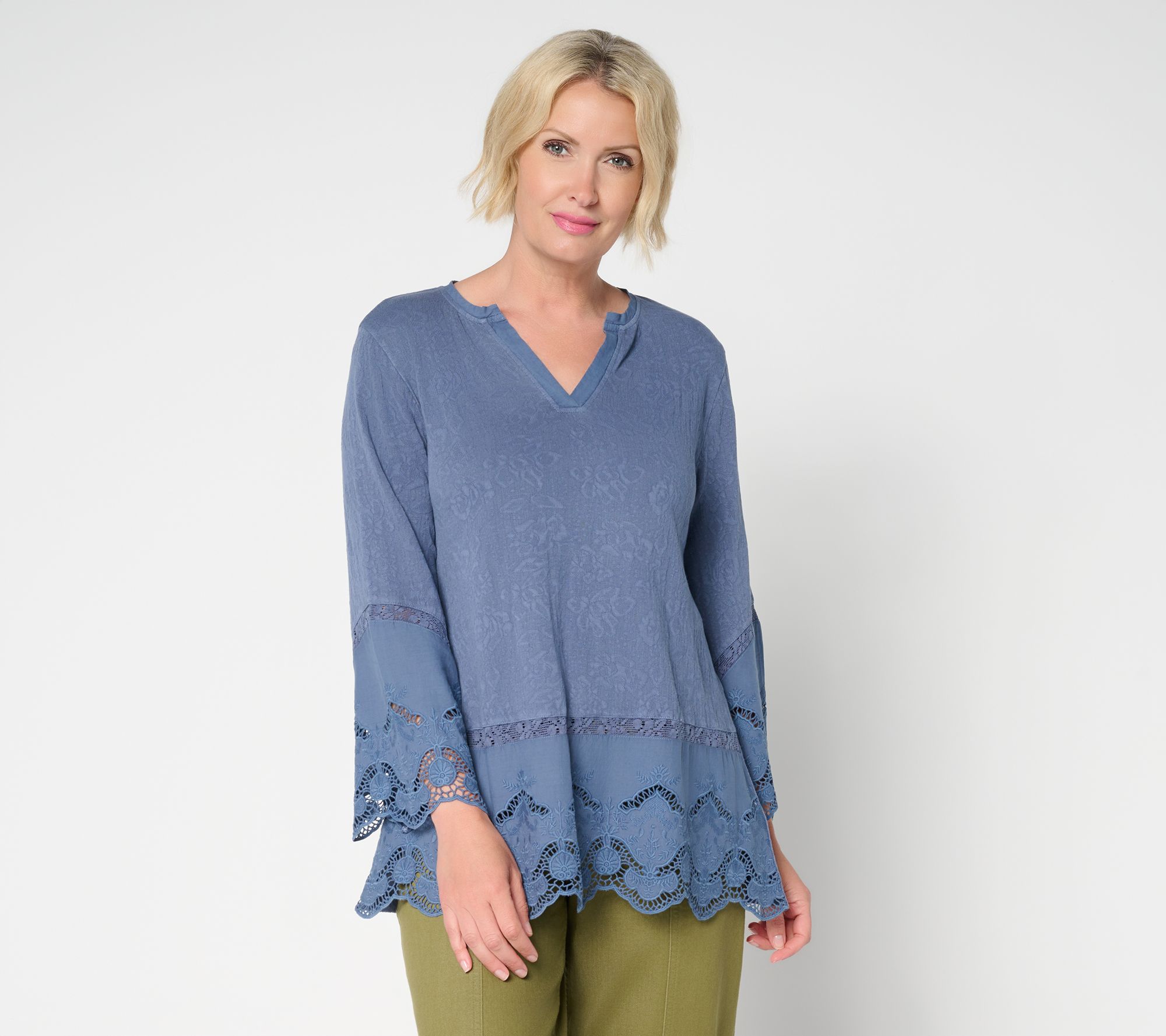 LOGO Lavish by Lori Goldstein 100% Cotton Embroidered Lace Top