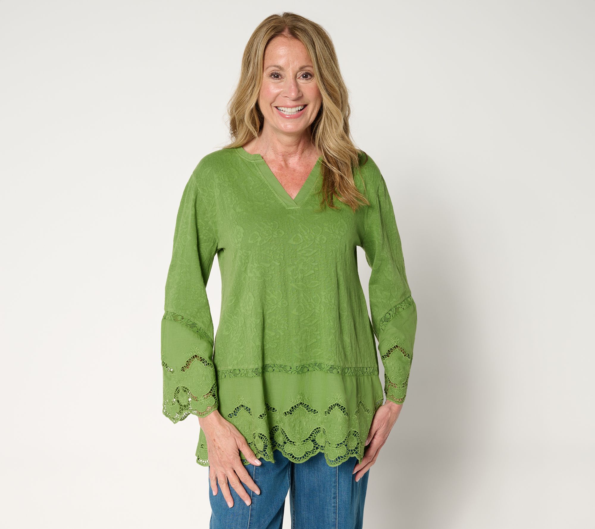 LOGO Lavish by Lori Goldstein 100% Cotton Embroidered Lace Top