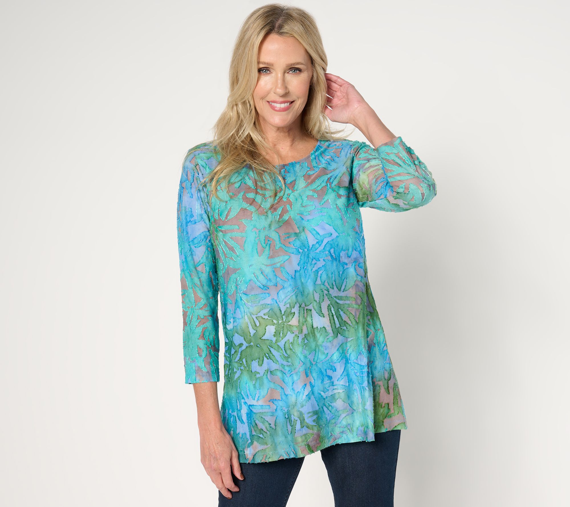 "As Is" Susan Graver Weekend Petite Tie Dye Burnout 3/4 Sleeve Tunic