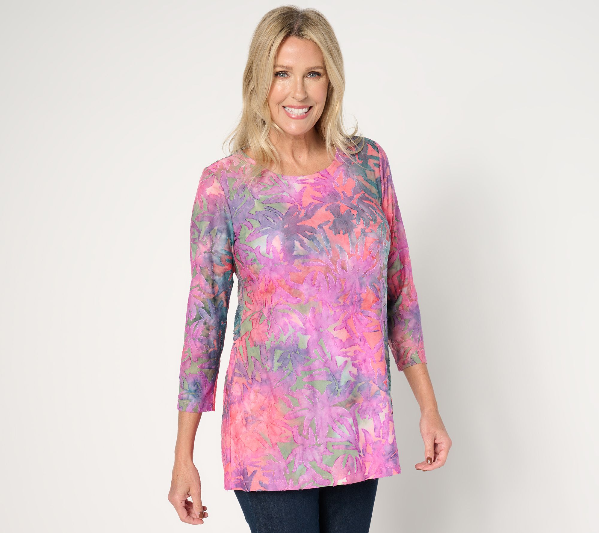 "As Is" Susan Graver Weekend Petite Tie Dye Burnout 3/4 Sleeve Tunic