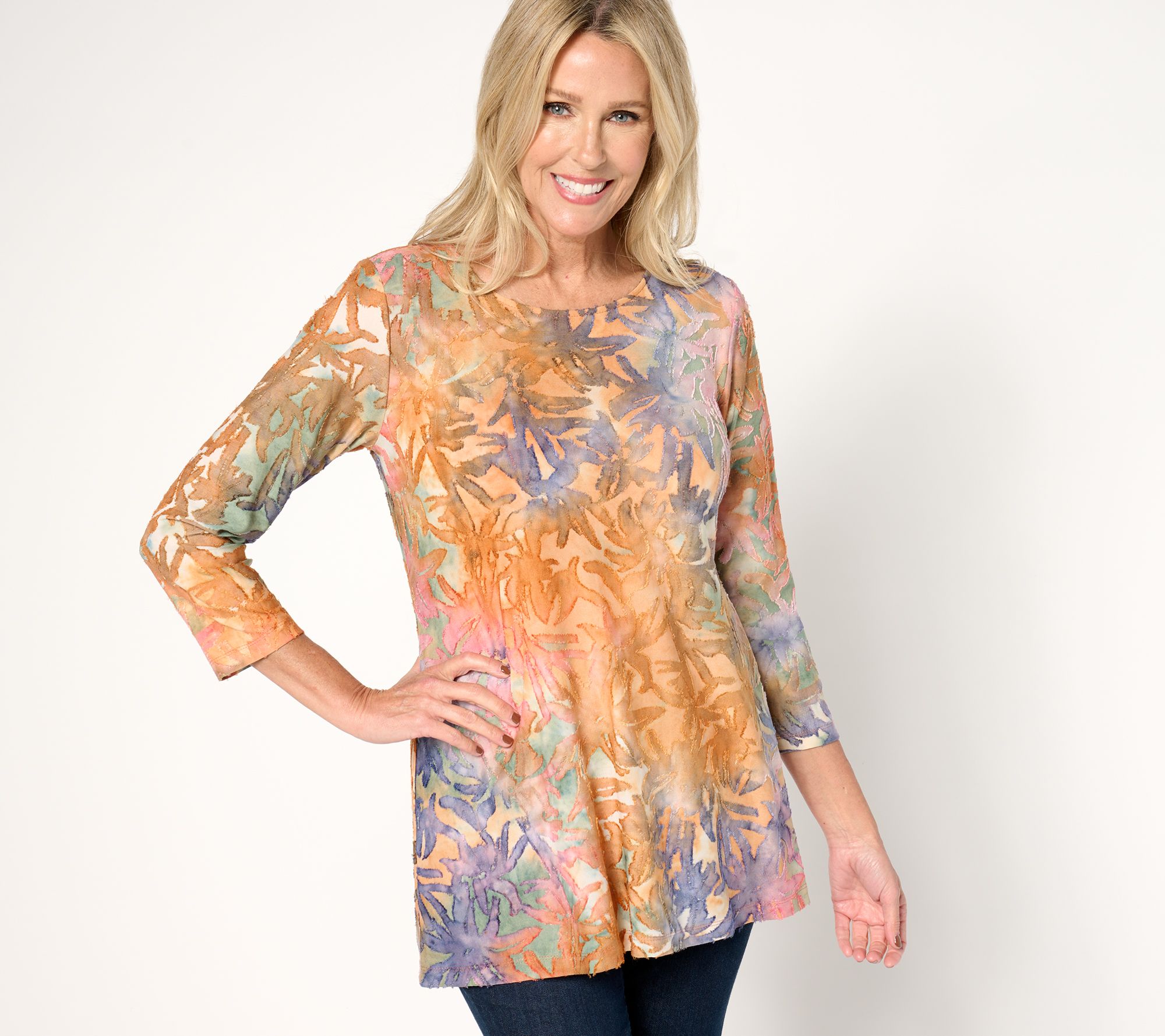 "As Is" Susan Graver Weekend Petite Tie Dye Burnout 3/4 Sleeve Tunic