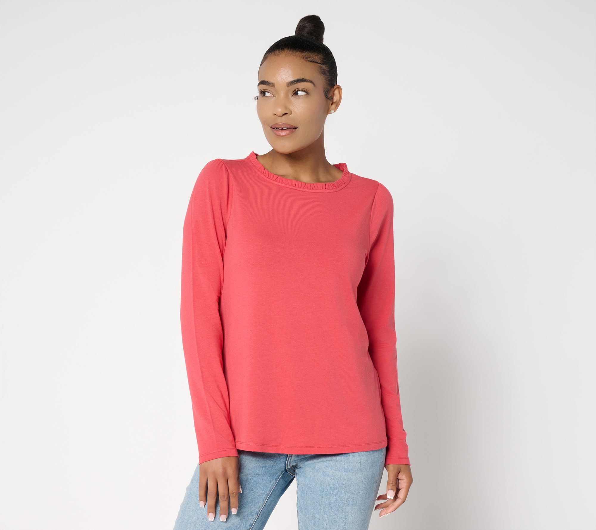 AnyBody Cozy Knit Ruffle Neck Long Sleeve Top