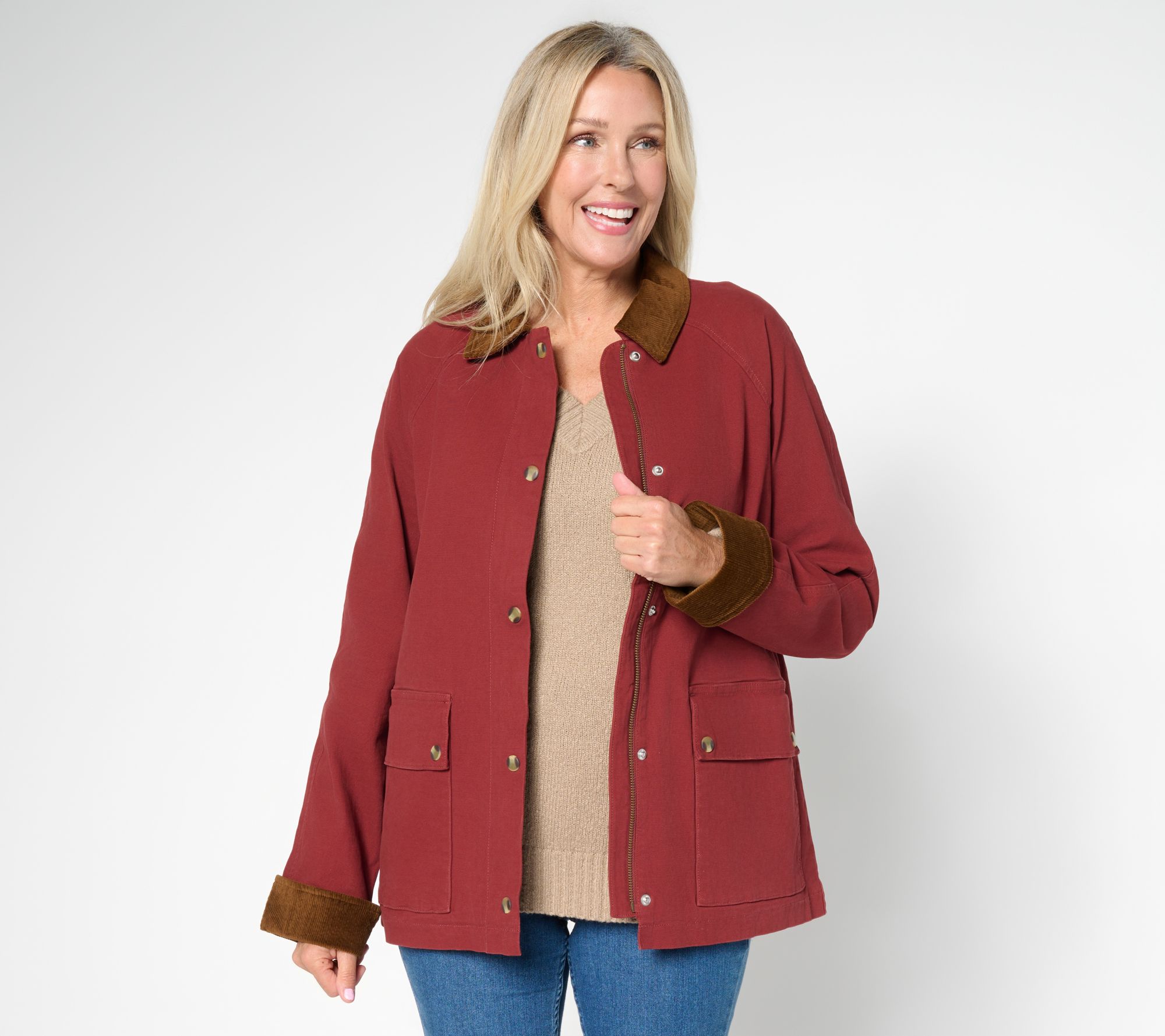 Joan Rivers Cotton Field Jacket with Plaid Lining