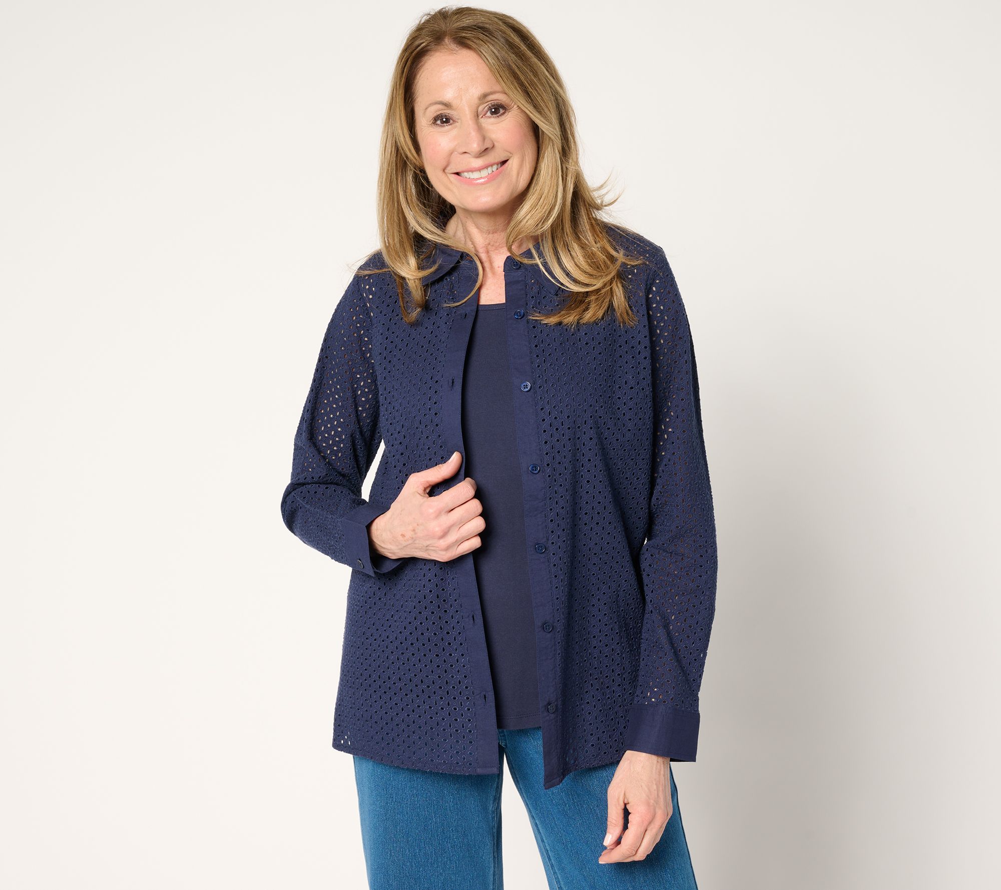 "As Is" Denim & Co. Cotton Button Front Eyelet Shirt and Tank Set