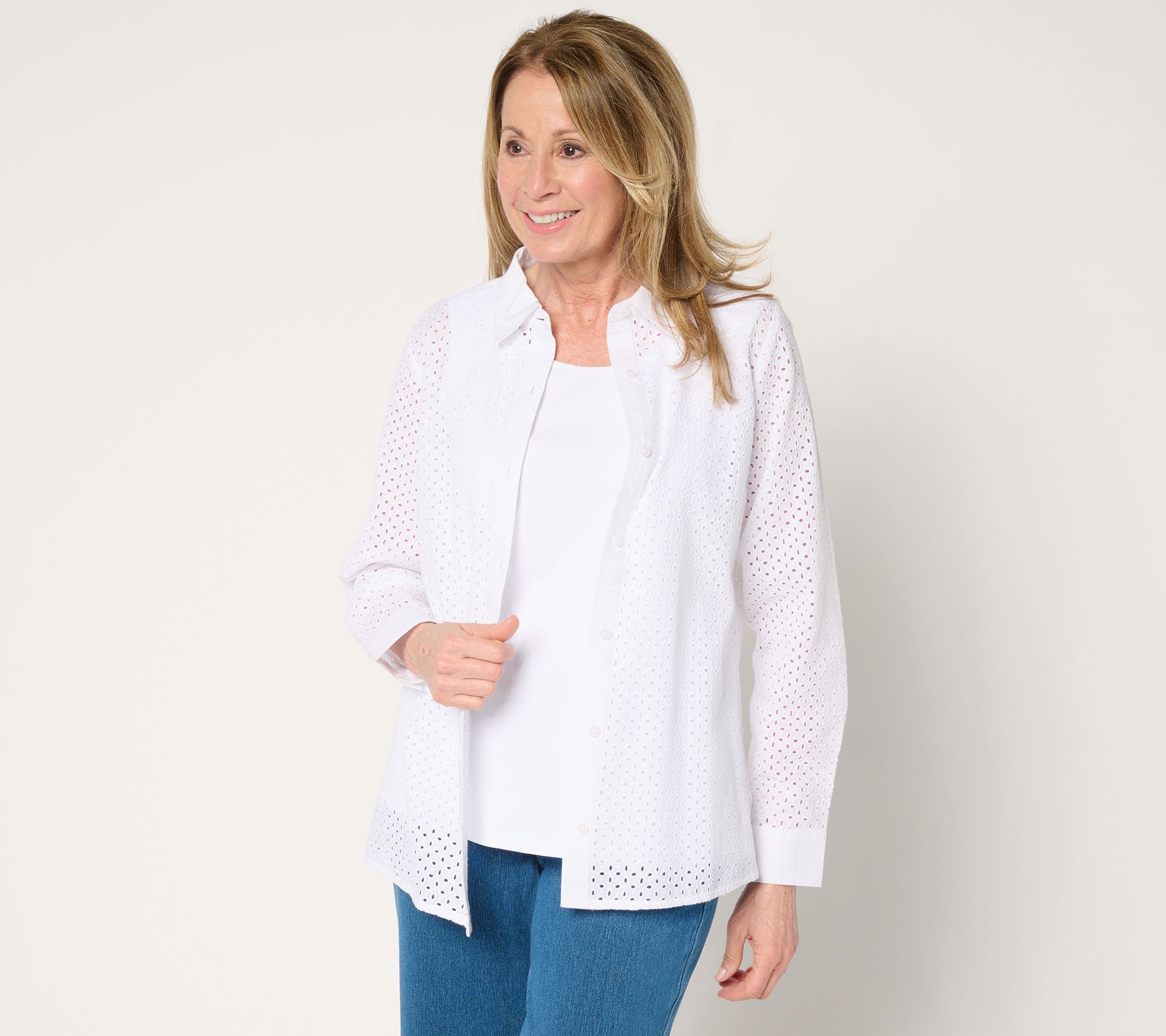 "As Is" Denim & Co. Cotton Button Front Eyelet Shirt and Tank Set