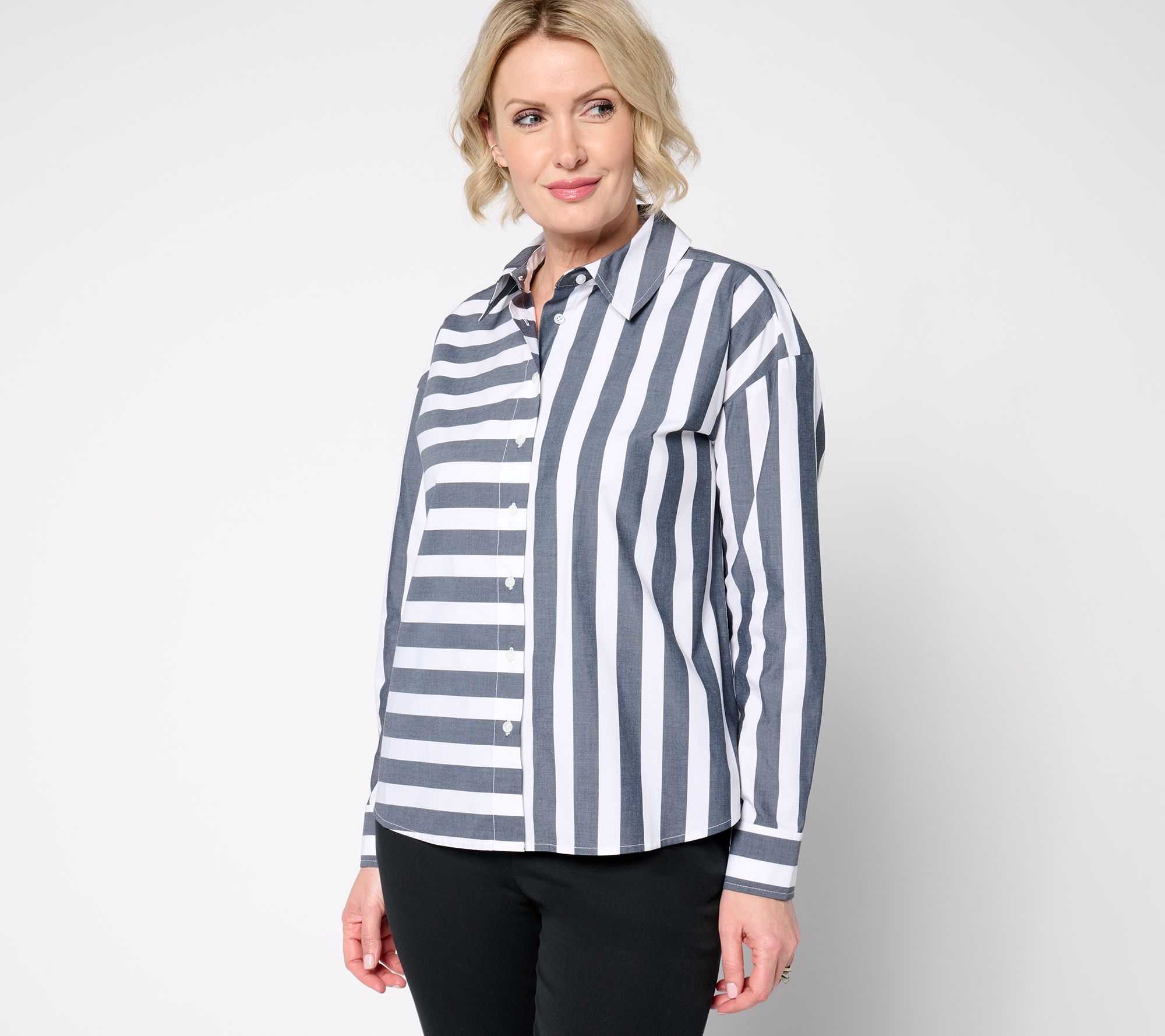 "As Is" Attitudes by Renee Poplin Button Front Shirt w/Stripe