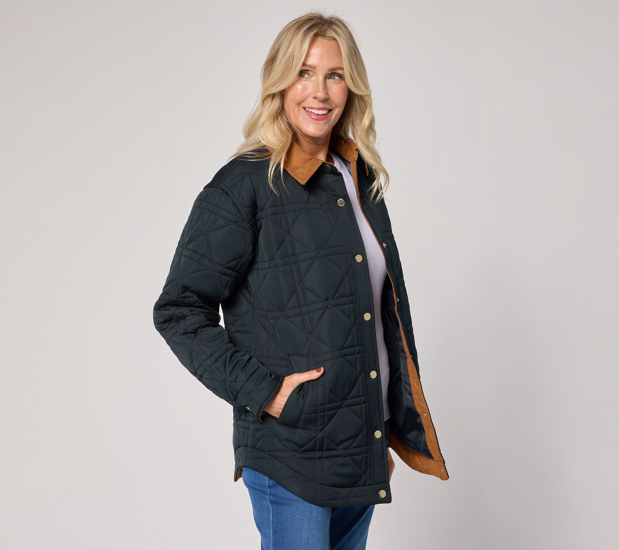 Belle by Kim Gravel Corduroy Collar Snap Front Quilted Jacket