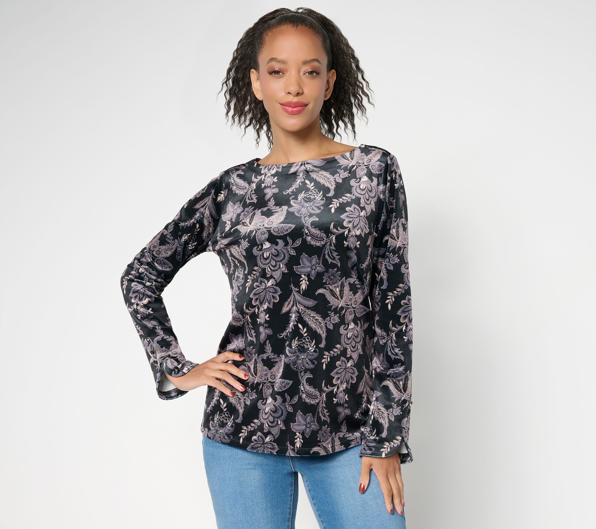 Denim & Co. Printed Velvet Long Sleeve Boat Neck Top