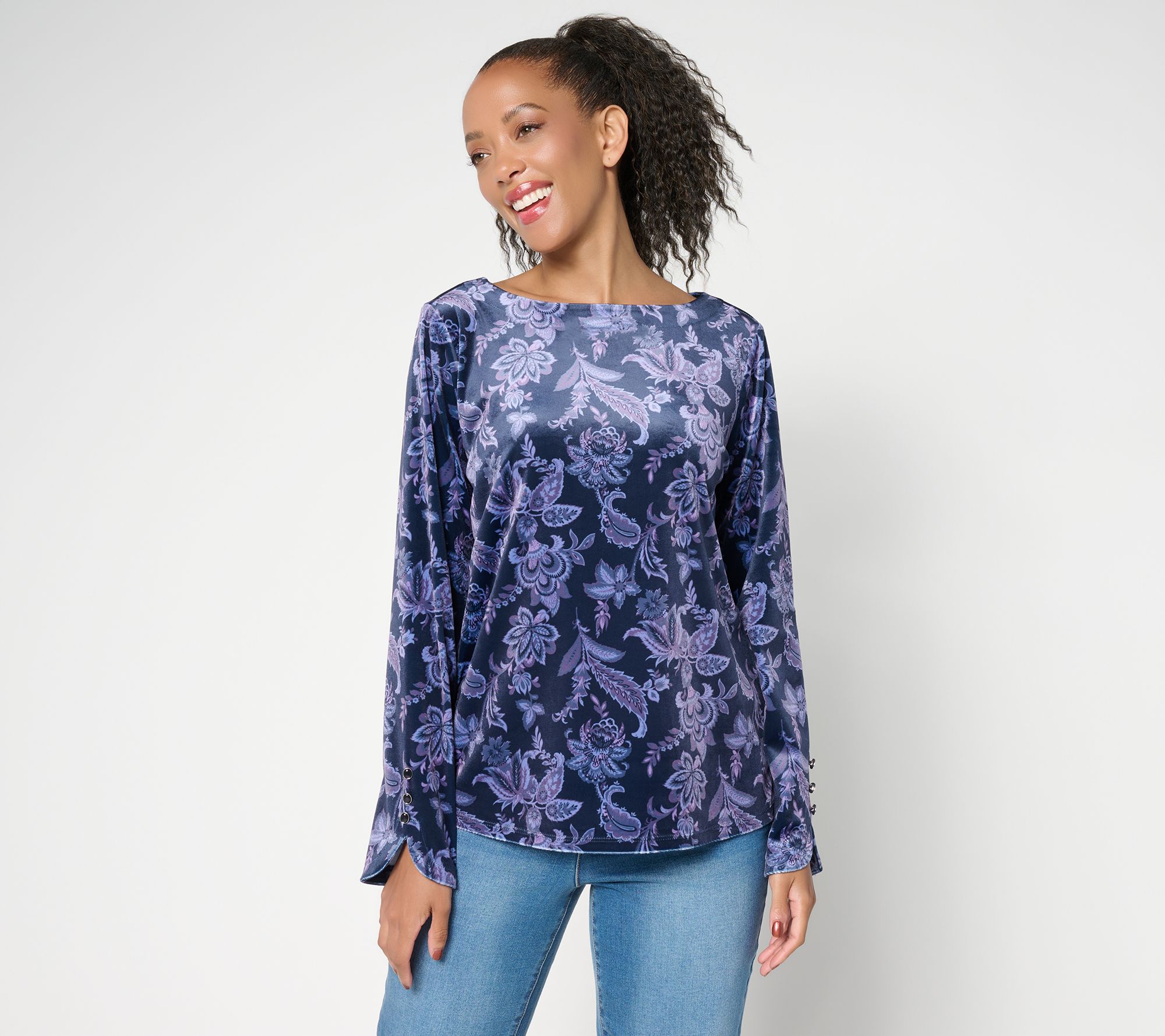 Denim & Co. Printed Velvet Long Sleeve Boat Neck Top