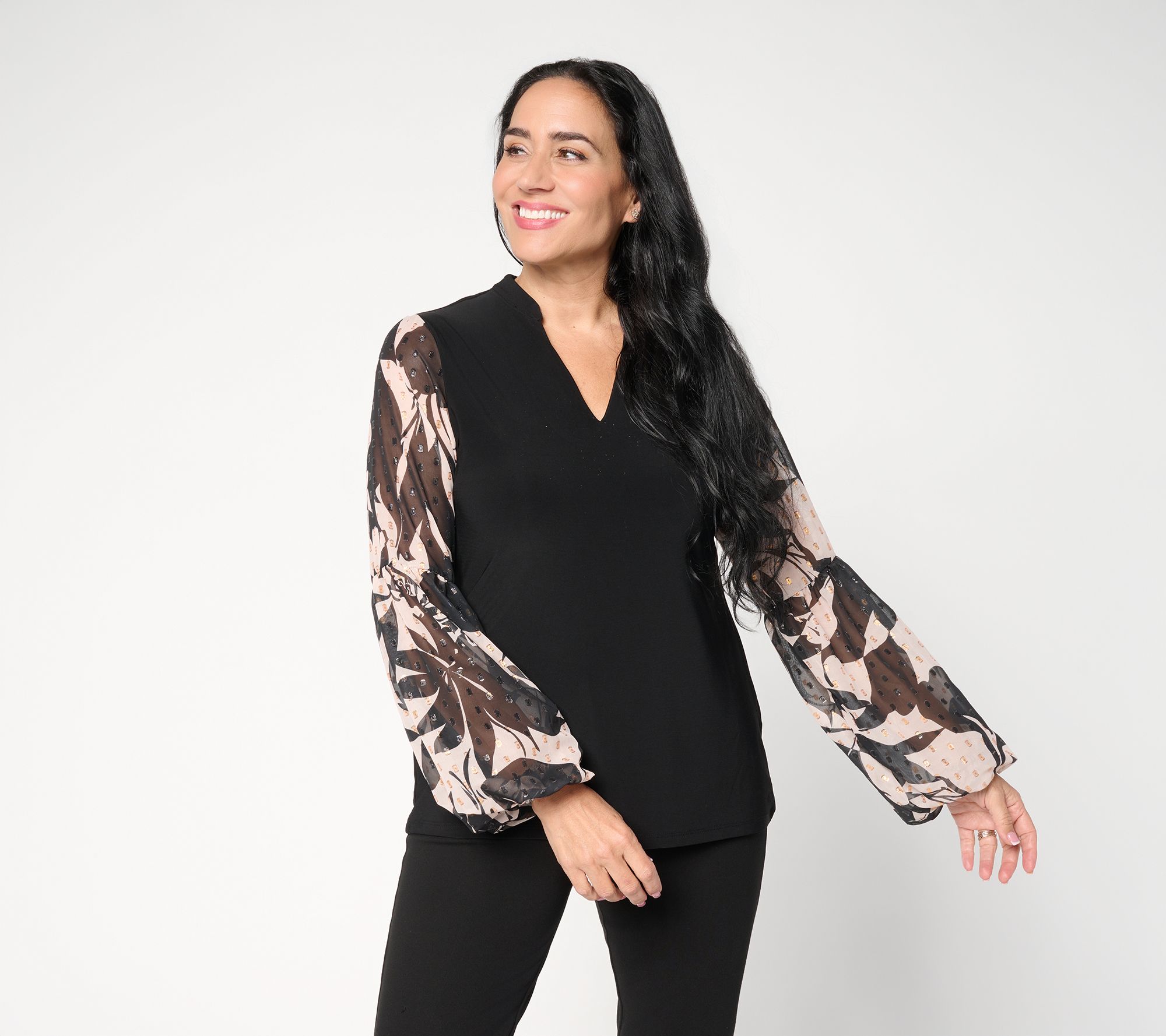 Dennis Basso Italia Knit Printed Sleeve Top with Embellishment