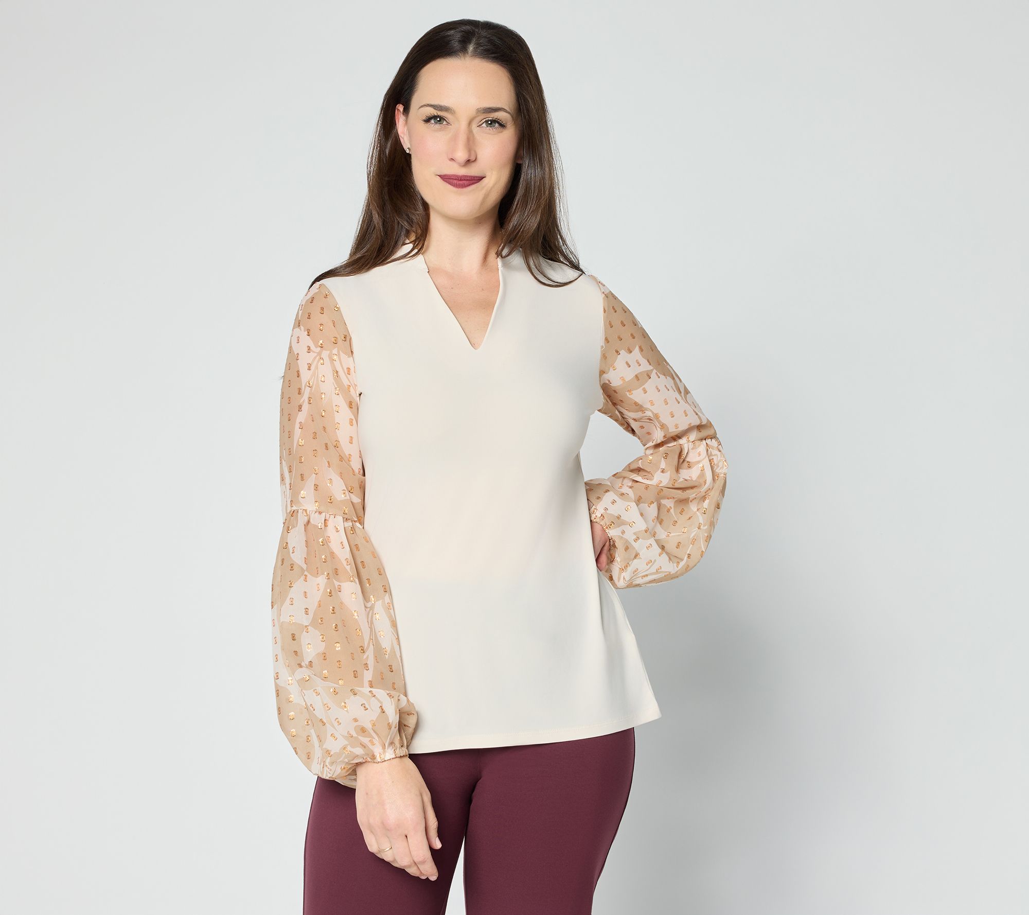 Dennis Basso Italia Knit Printed Sleeve Top with Embellishment