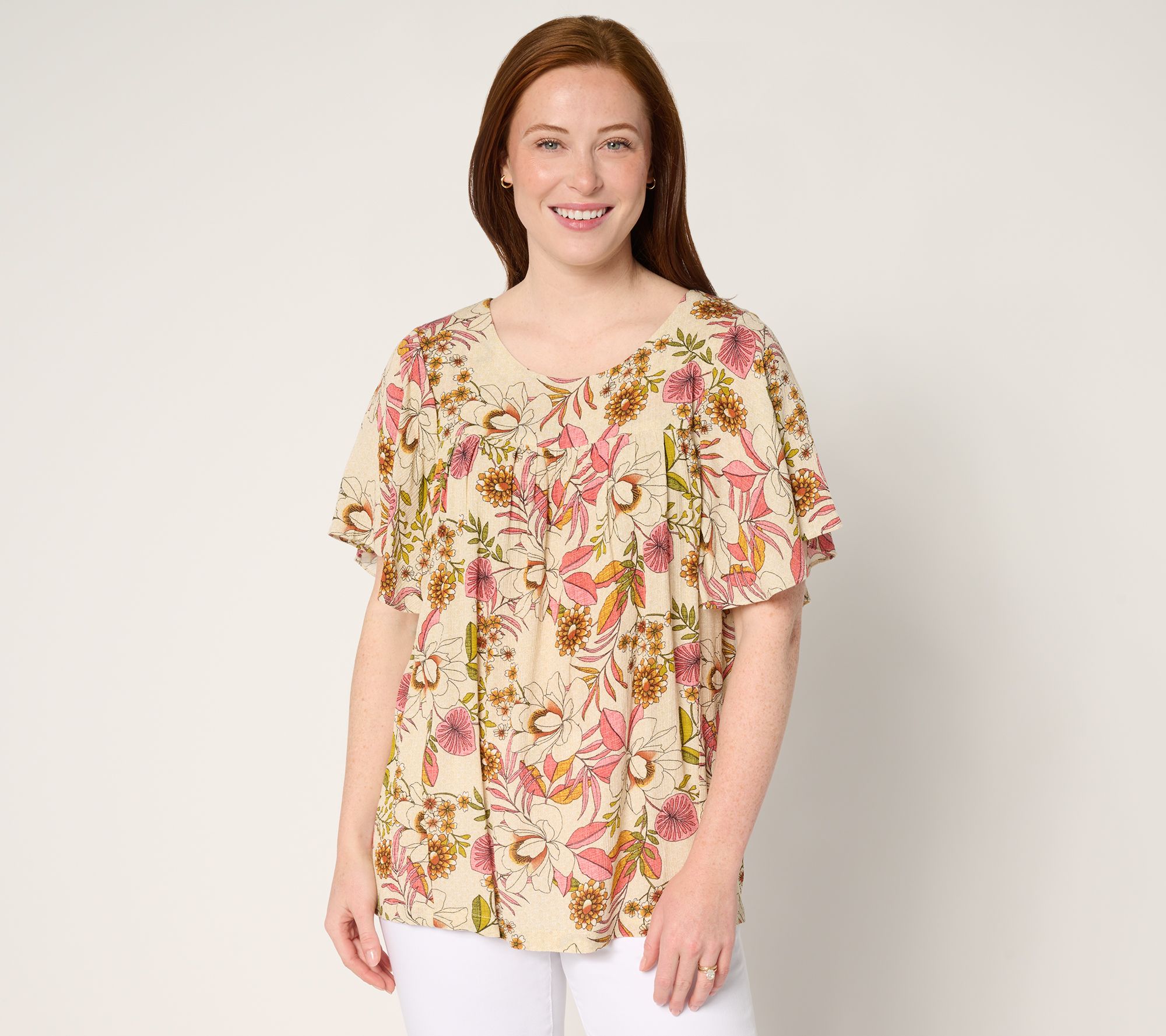 "As Is" Susan Graver PURE Printed Crinkle Woven Flutter Sleeve Top