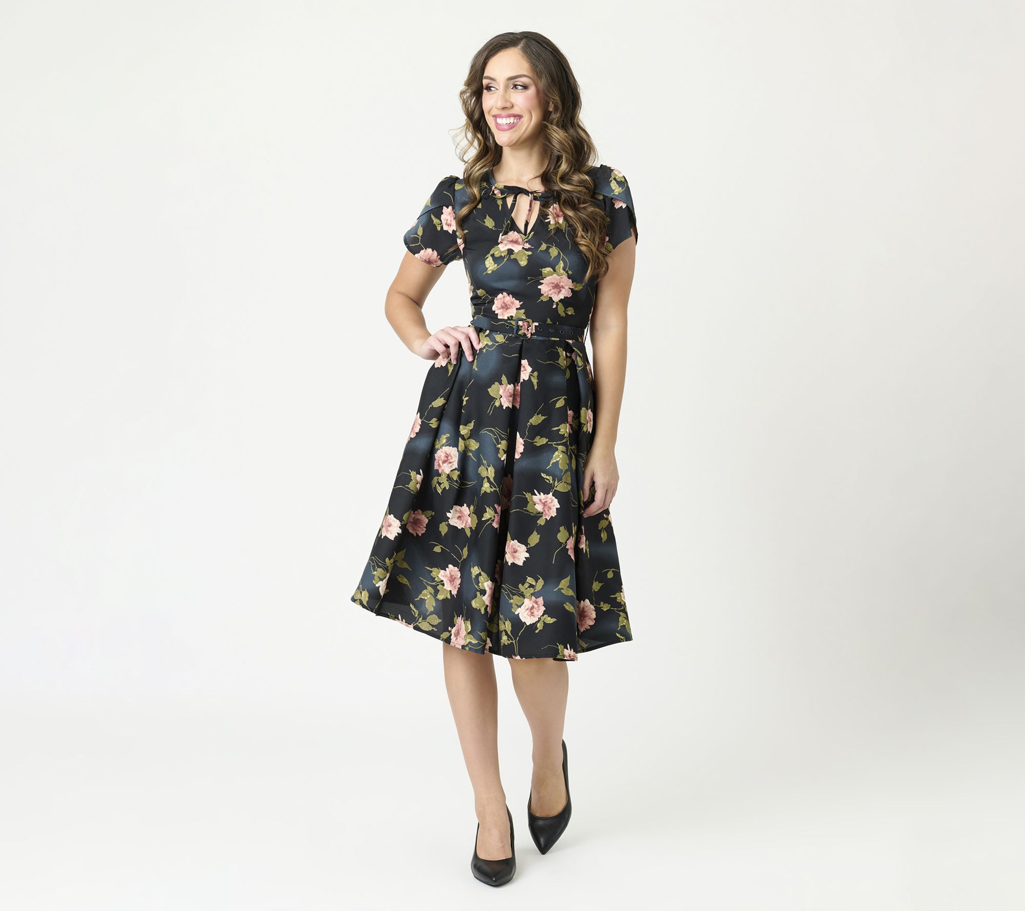 Unique Vintage Black & Pink Floral Dahlia Swing  Dress