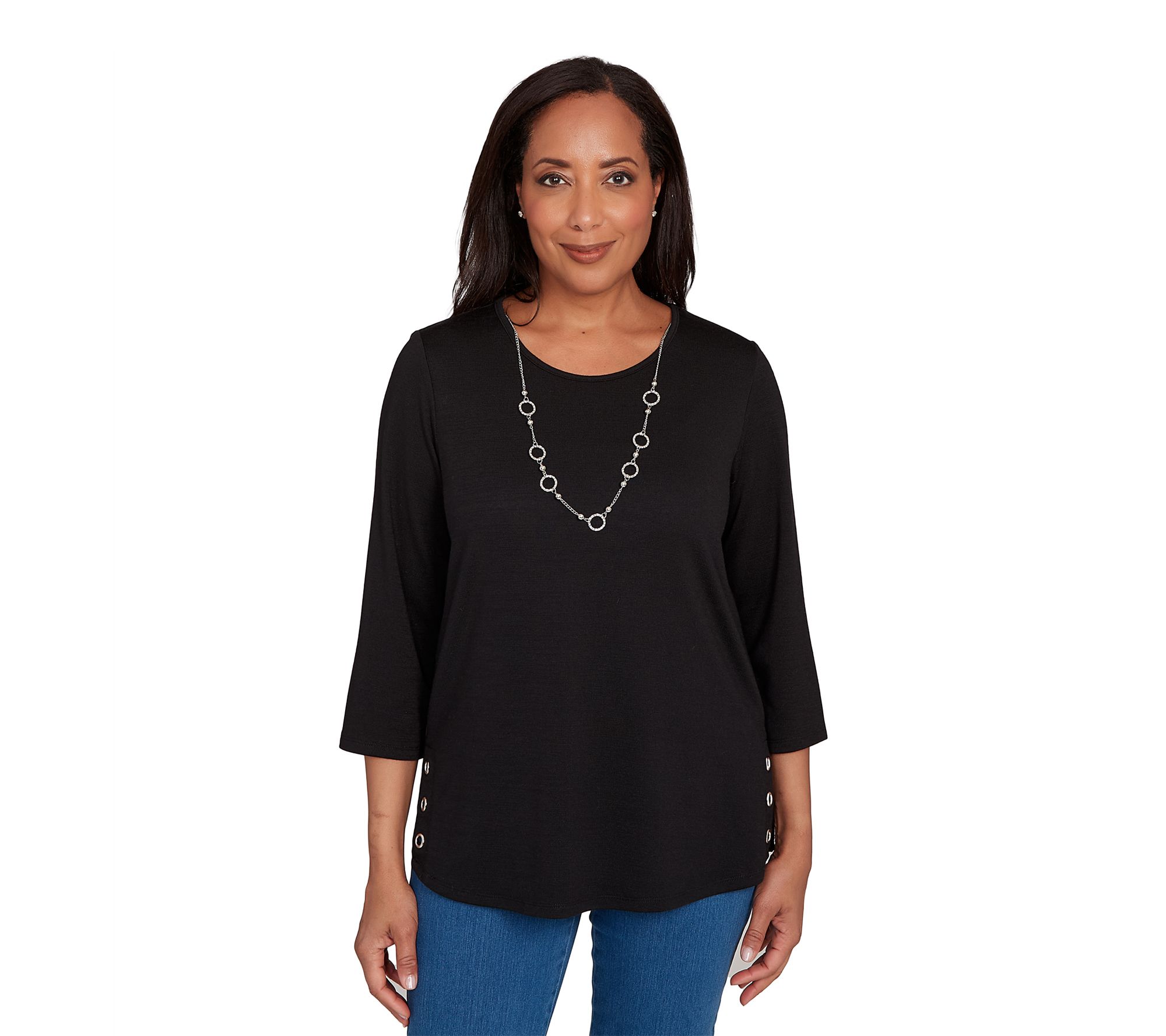 Alfred Dunner Petite Melange Side Button Top with Necklace