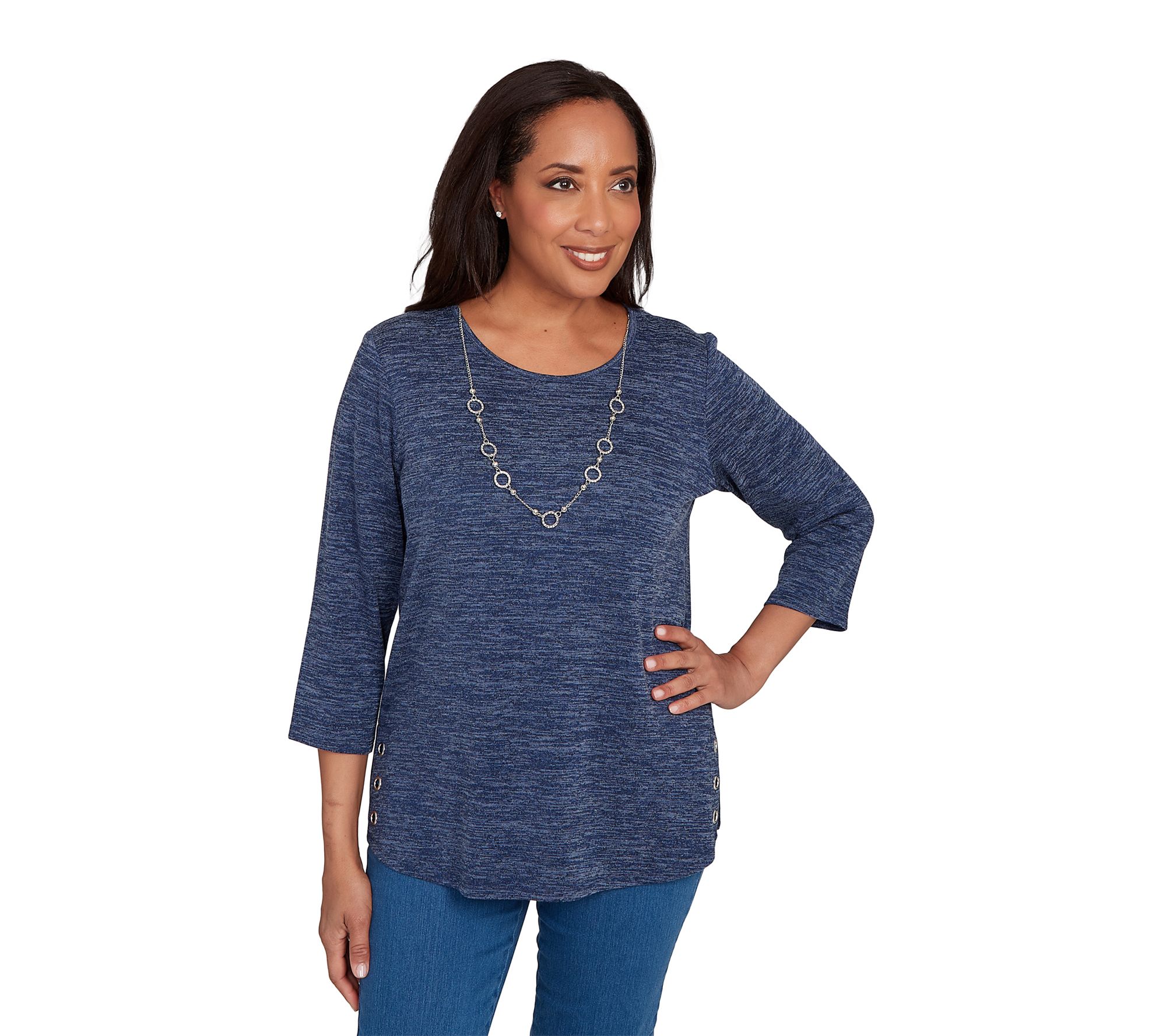 Alfred Dunner Petite Melange Side Button Top with Necklace