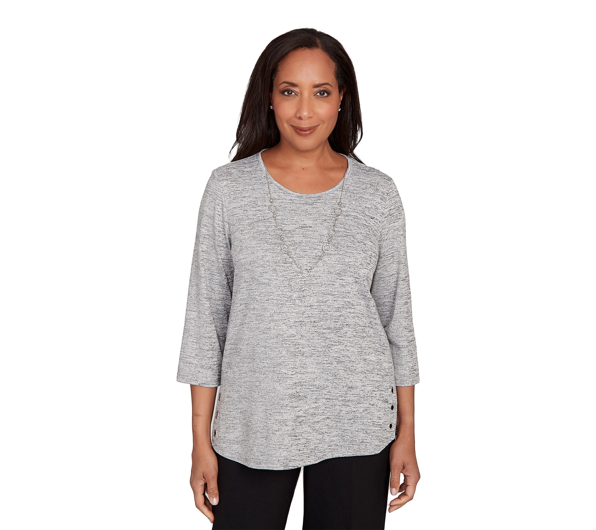 Alfred Dunner Petite Melange Side Button Top with Necklace