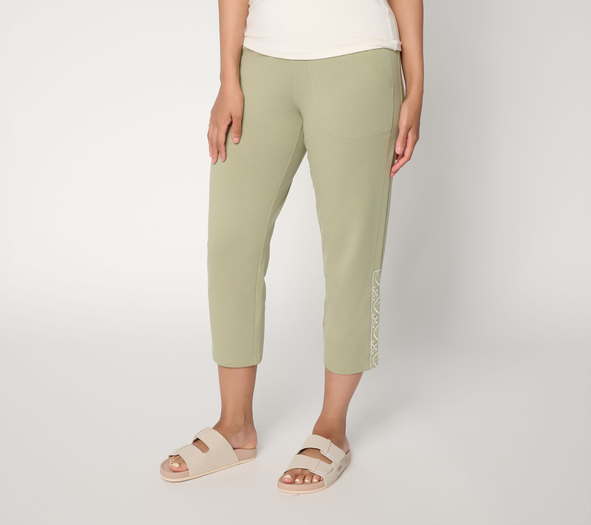 Denim & Co. Active Regular French Terry Crop Pants w/ Embroidery