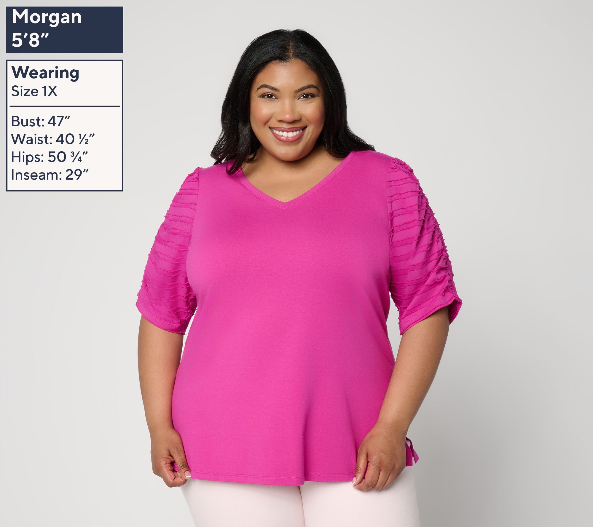 Belle by Kim Gravel TripleLuxe Knit Ruched Sleeve V-Neck Top - QVC.com