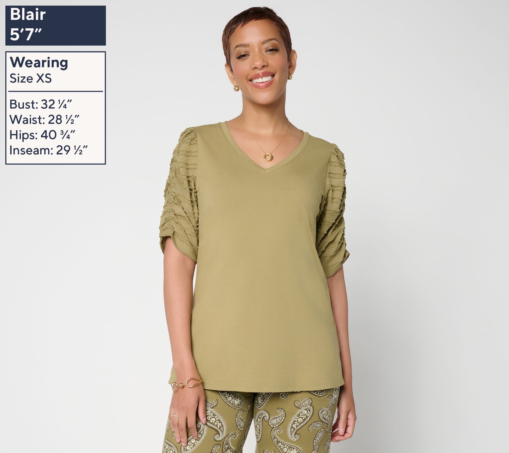 Belle by Kim Gravel TripleLuxe Knit Ruched Sleeve V-Neck Top - QVC.com