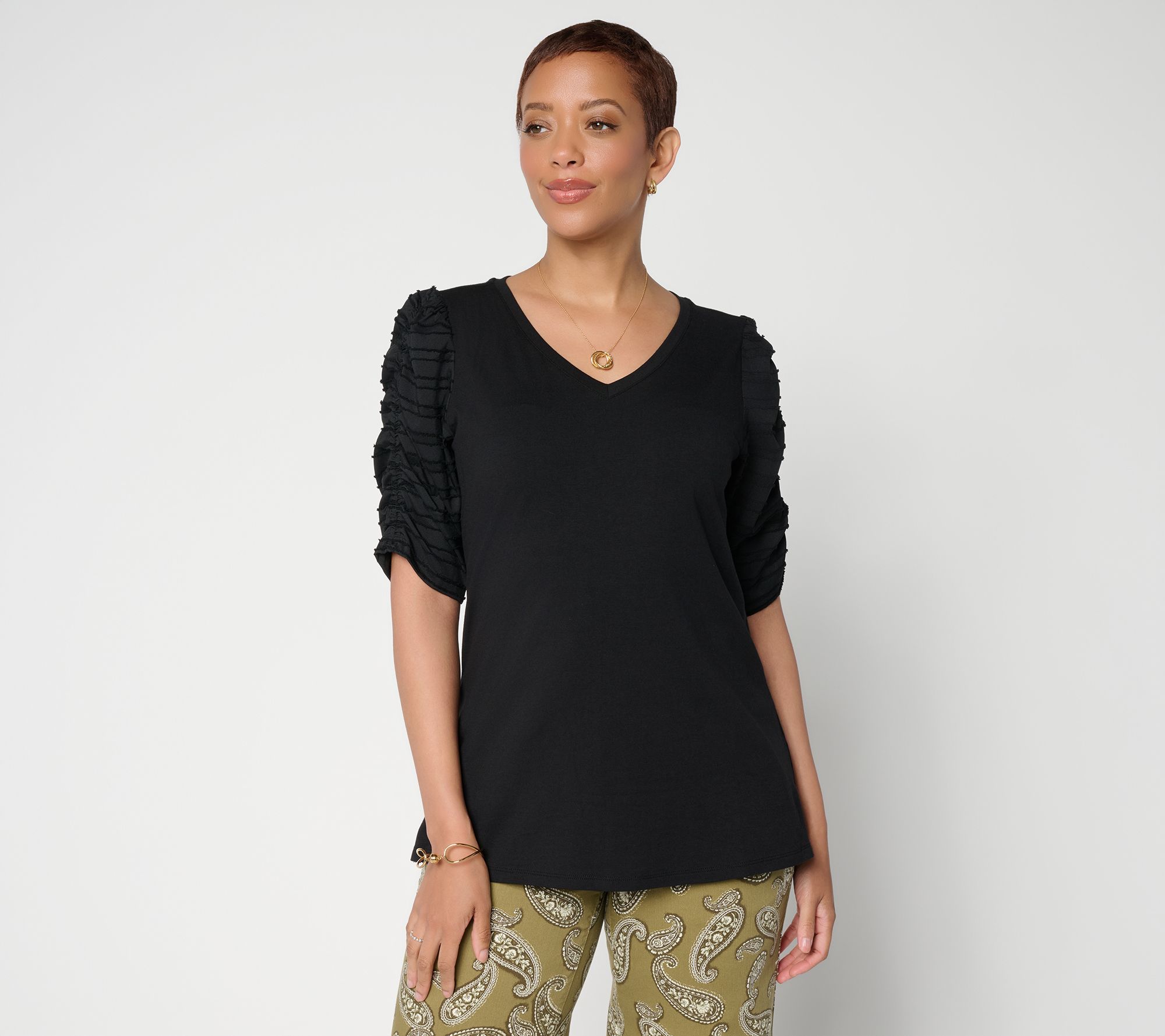 Belle by Kim Gravel TripleLuxe Knit Ruched Sleeve V-Neck Top
