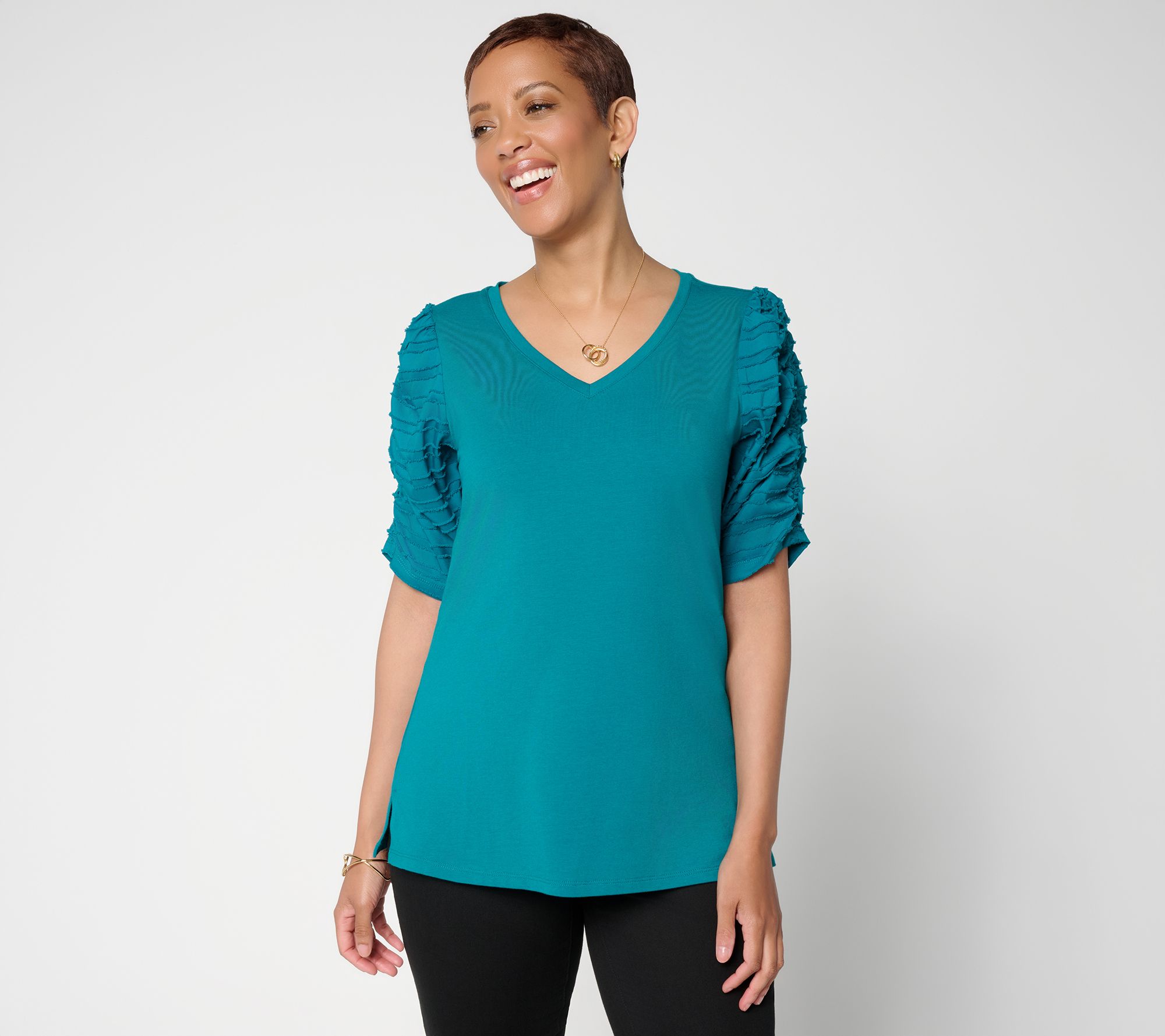 Belle by Kim Gravel TripleLuxe Knit Ruched Sleeve V-Neck Top