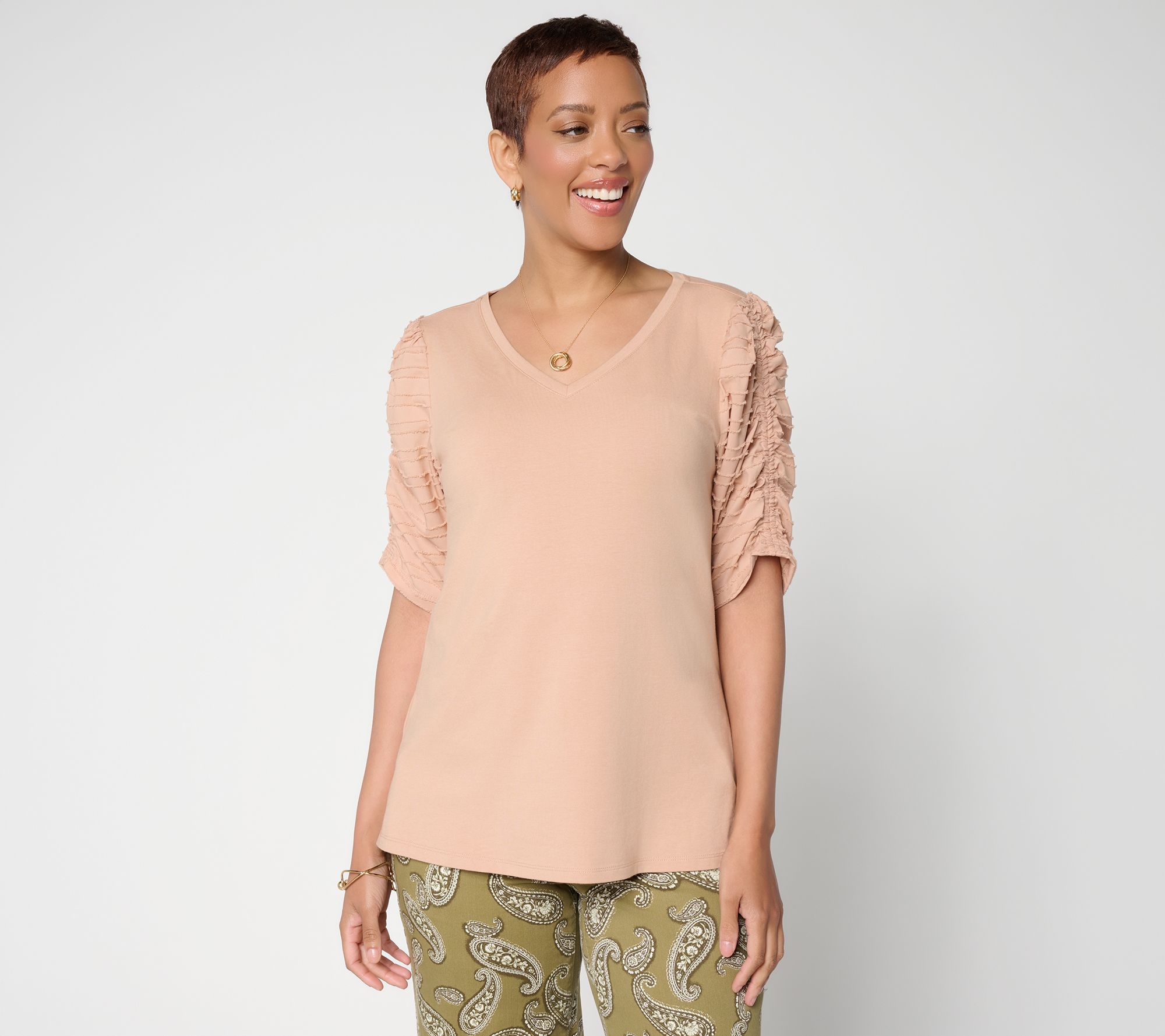 Belle by Kim Gravel TripleLuxe Knit Ruched Sleeve V-Neck Top