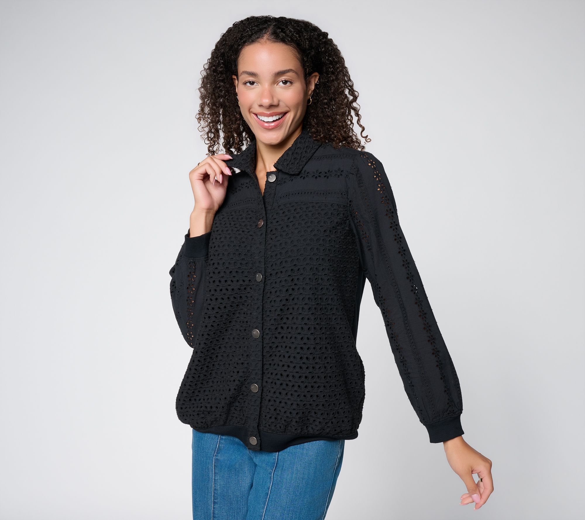 LOGO Lavish by Lori Goldstein Cotton Eyelet Button Front Jacket