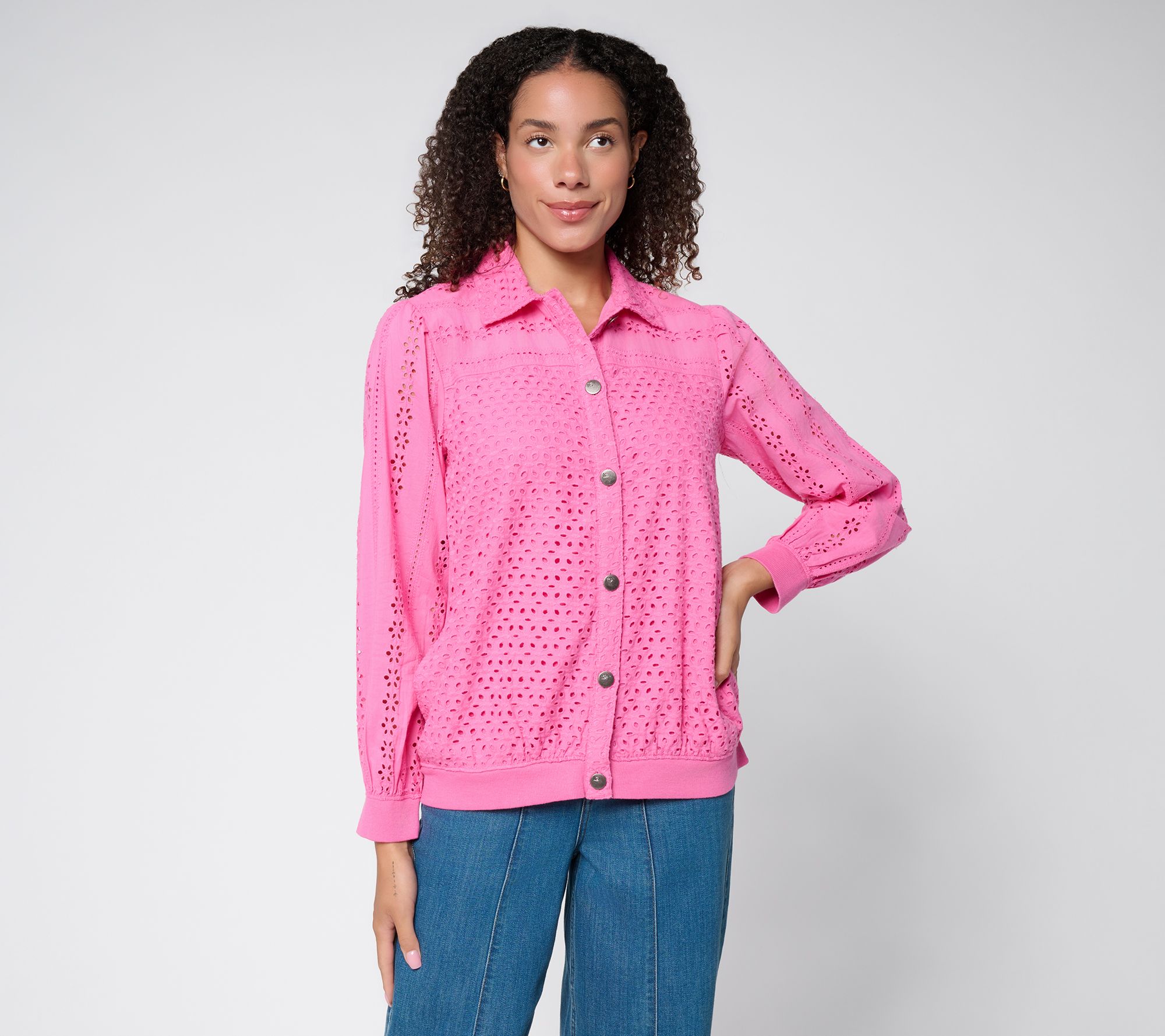 LOGO Lavish by Lori Goldstein Cotton Eyelet Button Front Jacket