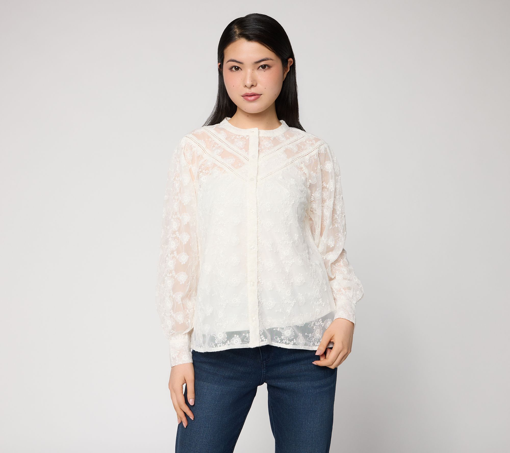 Me by Jennie Garth Button Front Blouse with Lace Trim