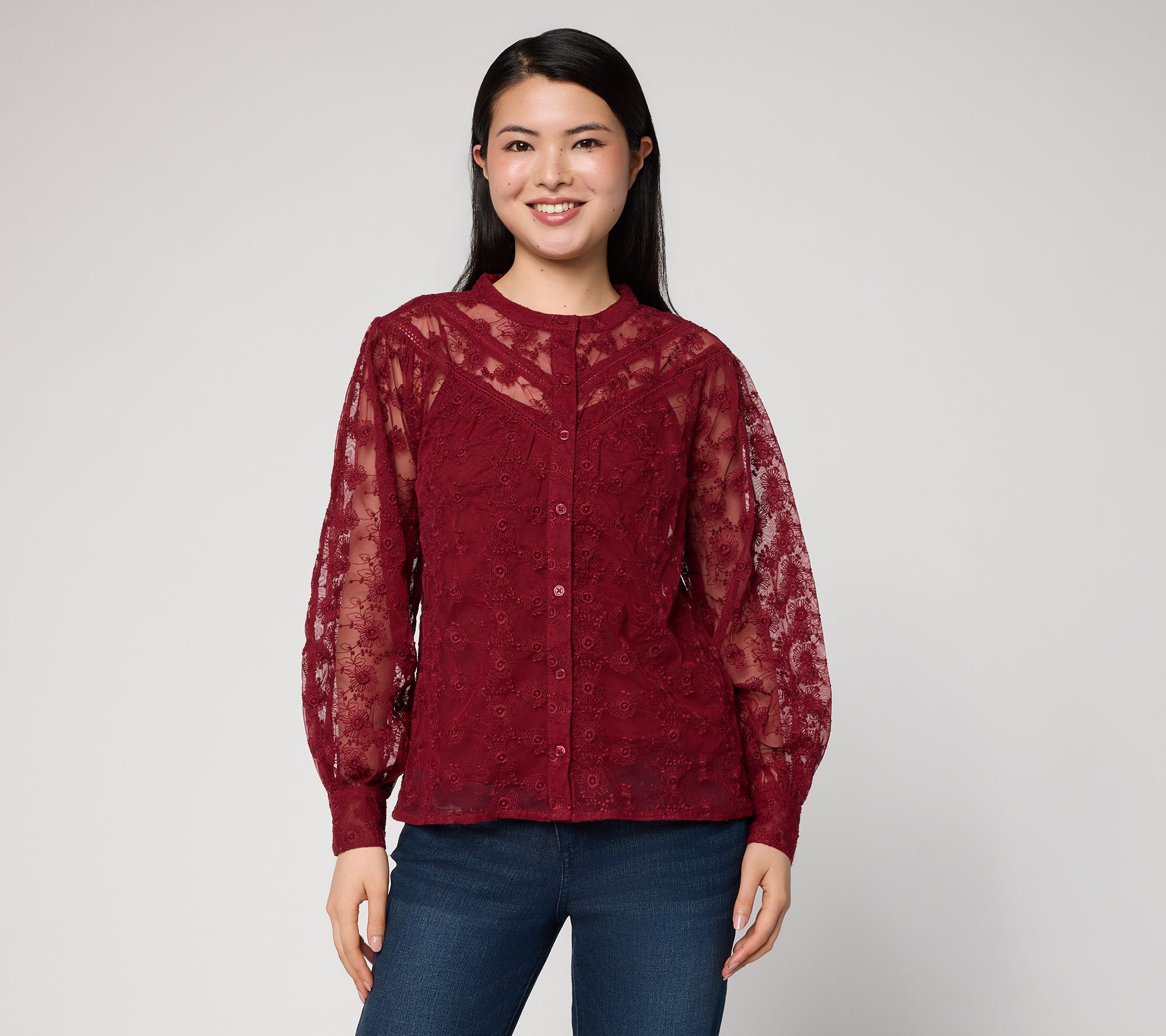 Me by Jennie Garth Button Front Blouse with Lace Trim