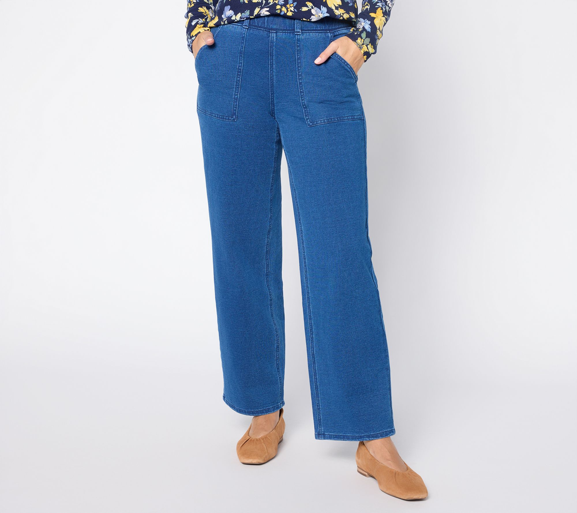 "As Is" Denim & Co. Reg Indigo "How Smooth" Knit Denim Wide Leg Jeans