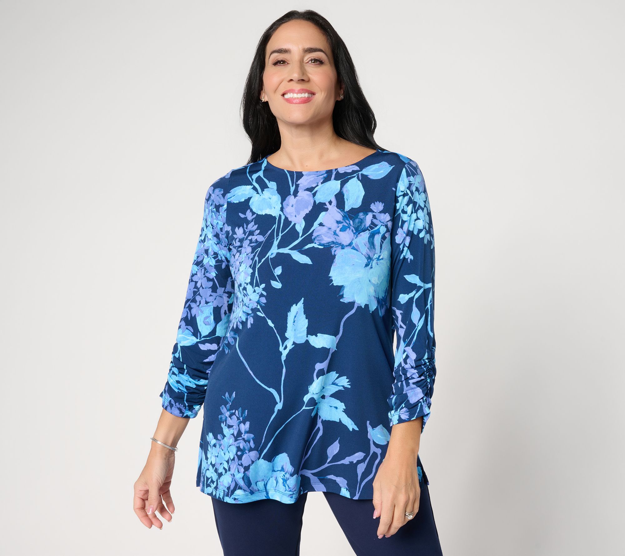 "As Is" Susan Graver Petite Printed Liquid Knit 3/4 Sleeve A-Line Tunic