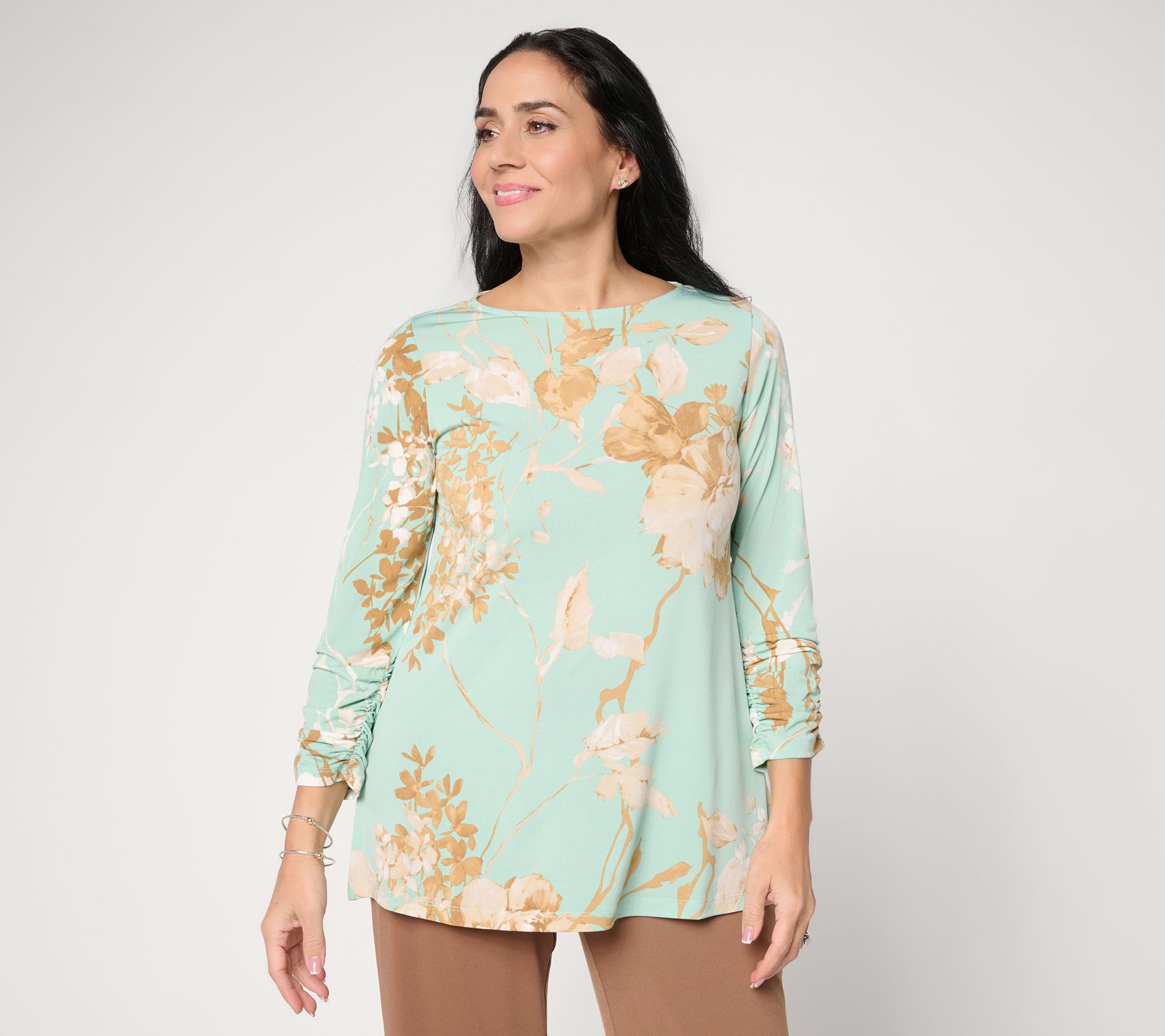 "As Is" Susan Graver Petite Printed Liquid Knit 3/4 Sleeve A-Line Tunic