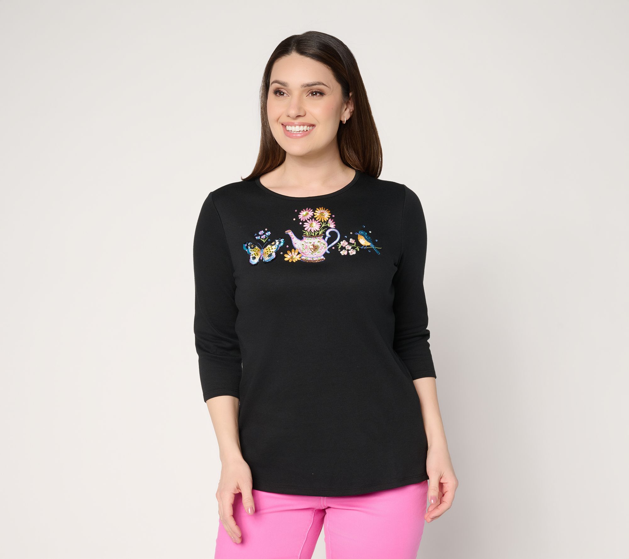 "As Is" Quacker Factory Spring Things Embroid. and Sequins 3/4 Sleeve Top