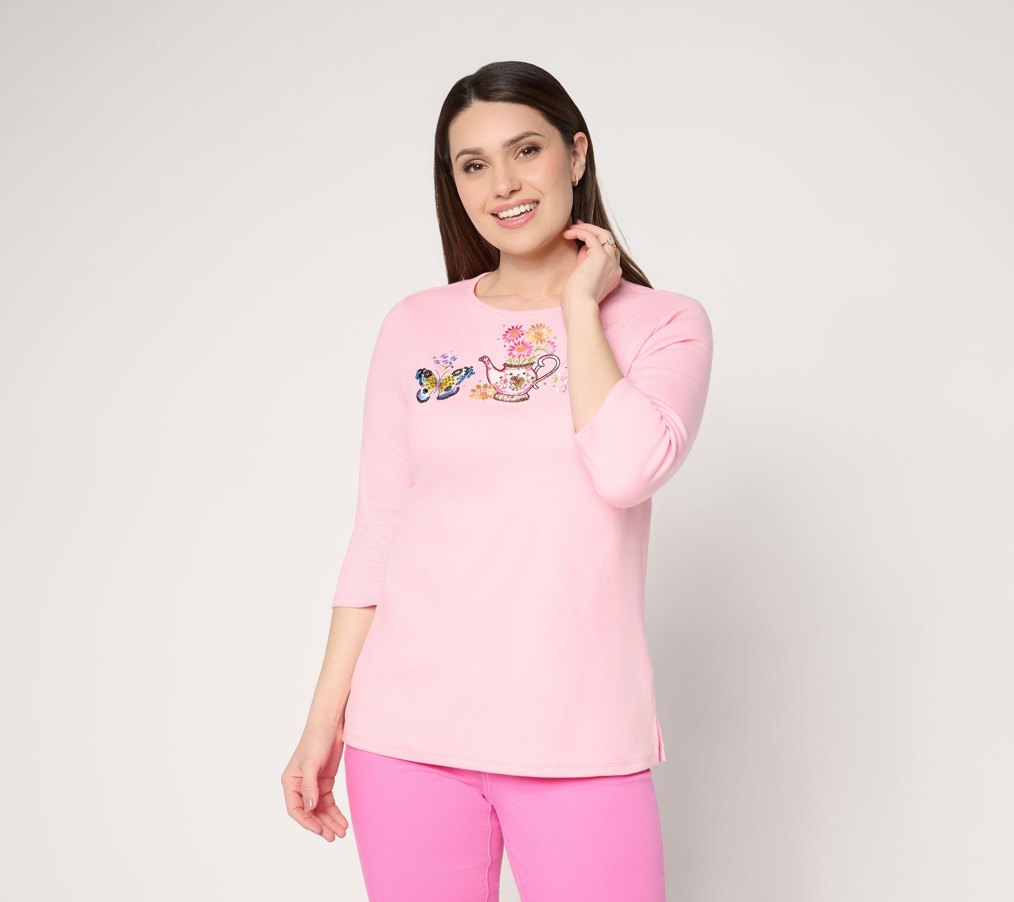 "As Is" Quacker Factory Spring Things Embroid. and Sequins 3/4 Sleeve Top