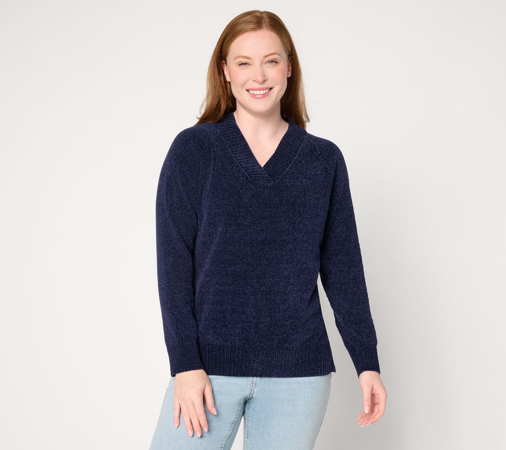 Belle by Kim Gravel Chenille V-Neck Ribbed Trim Sweater