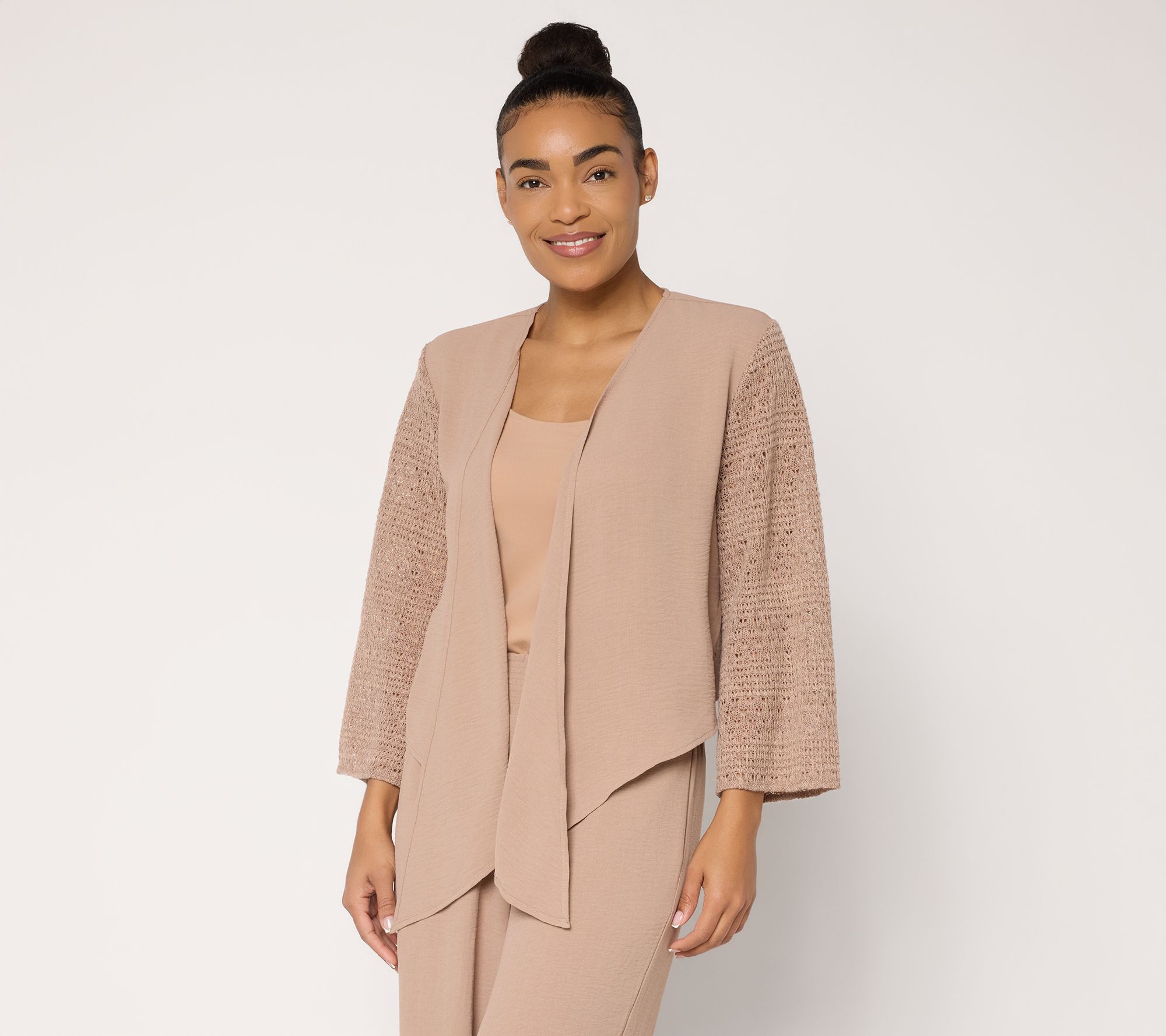 "As Is" Susan Graver Weekend Woven Cardigan with Crochet Lace